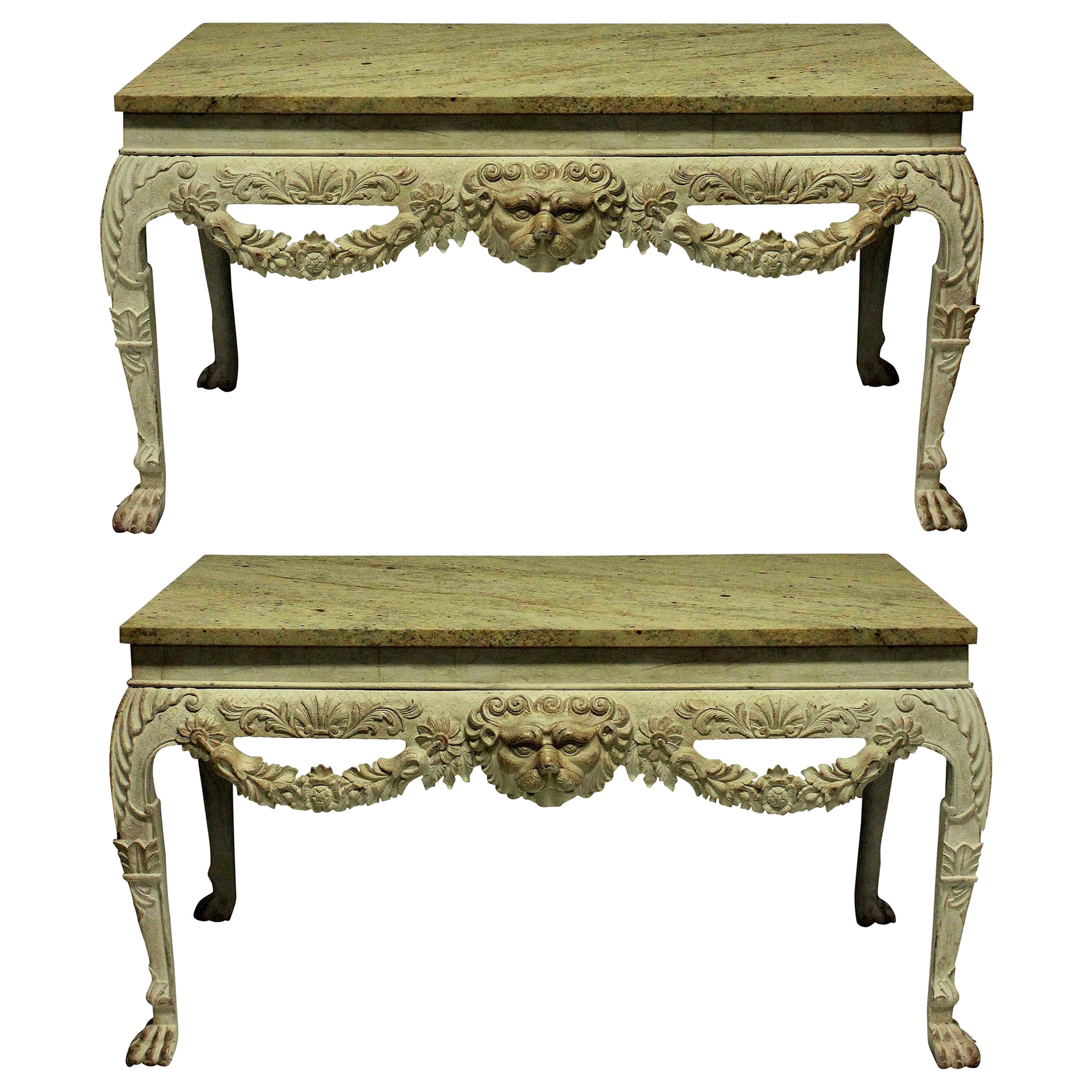 Pair of English George II Style Painted and Carved Mahogany Console Tables