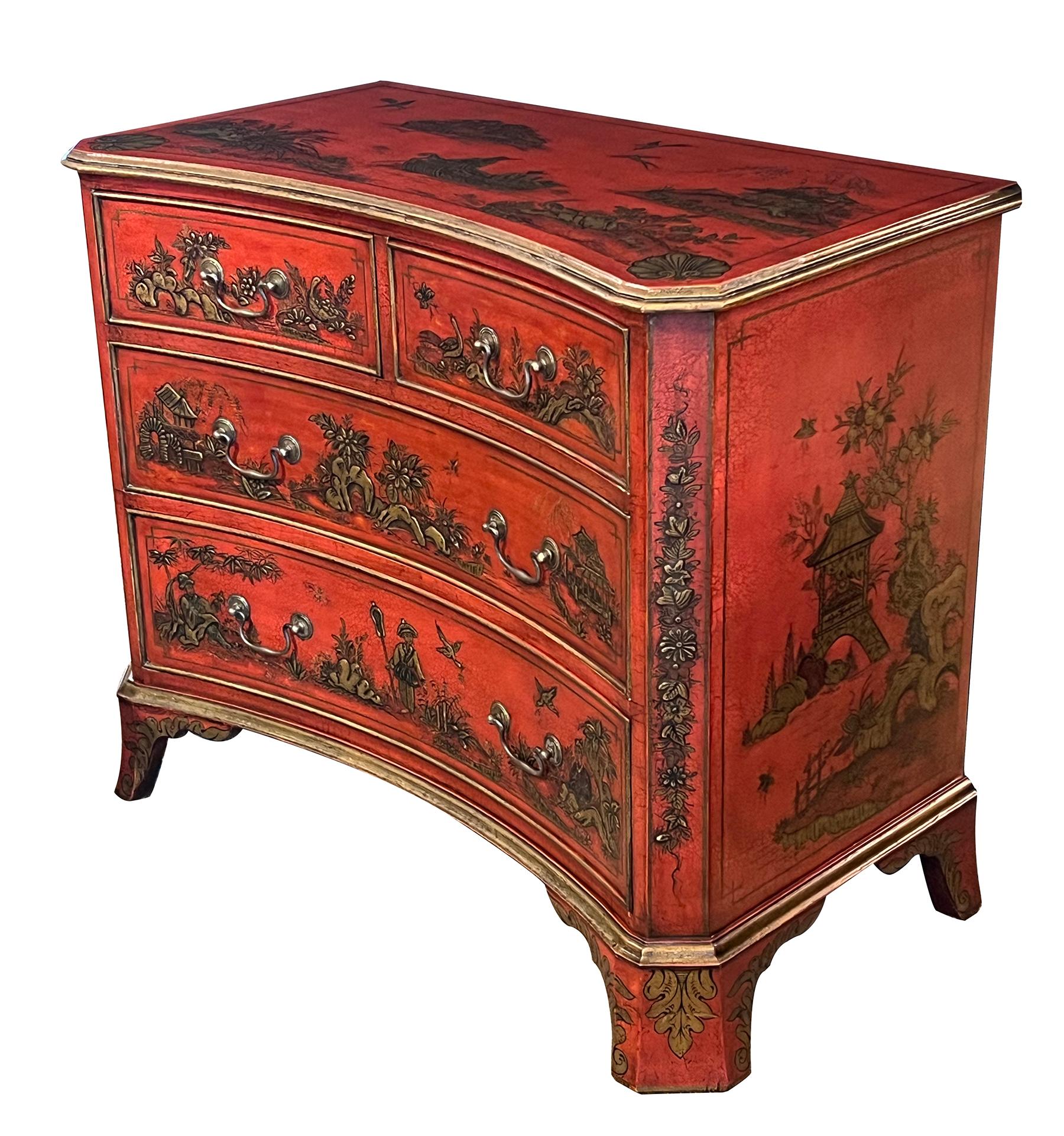 Each beautifully decorated chest with concave top with canted corners above a conforming body fitted with 2 short over 2 long drawers all raised on splayed bracket feet; with overall red ground and gilt decorated chinoiserie motifs including bird,