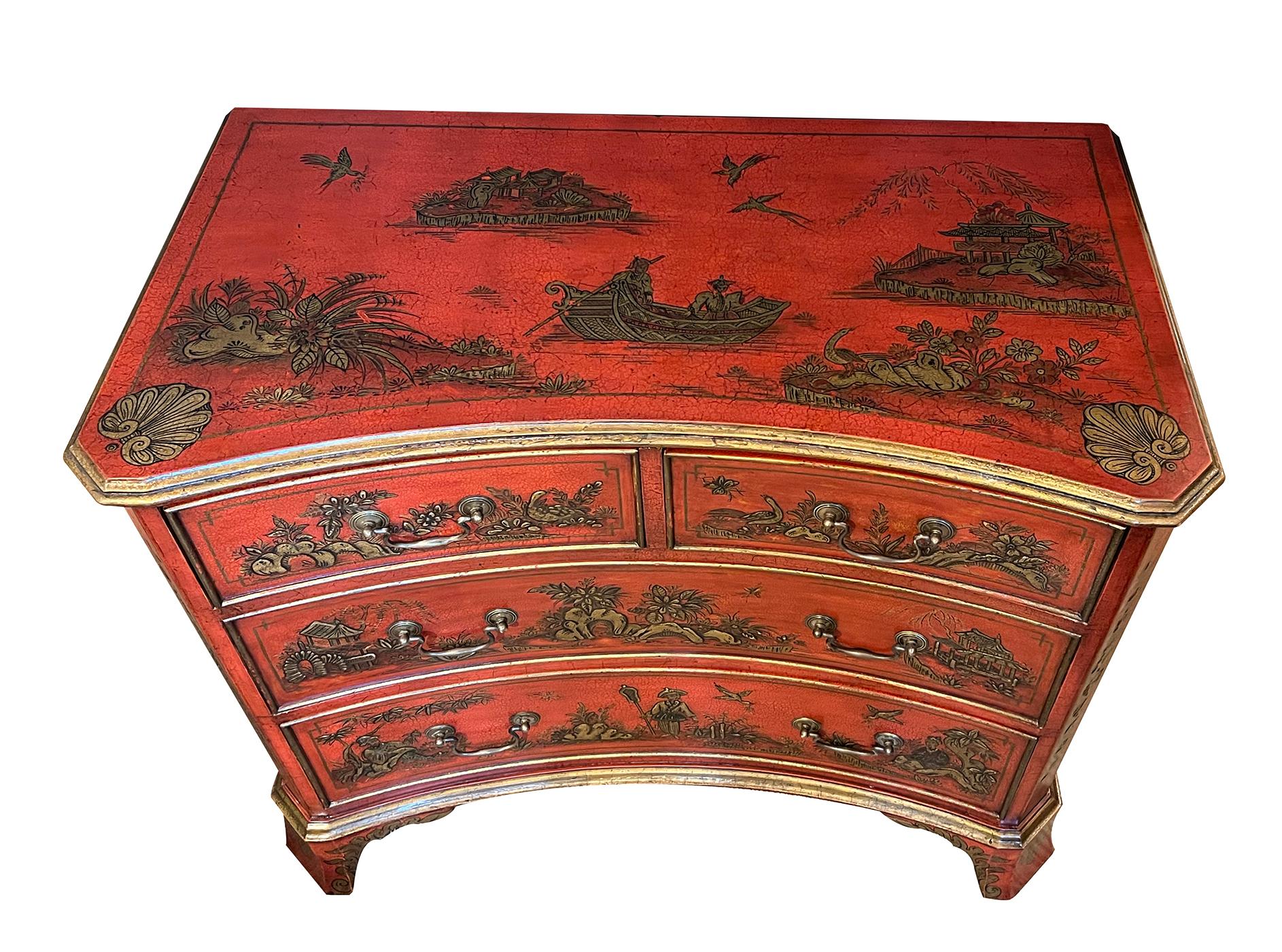 Wood Pair of English George II Style Red Japanned Chests For Sale
