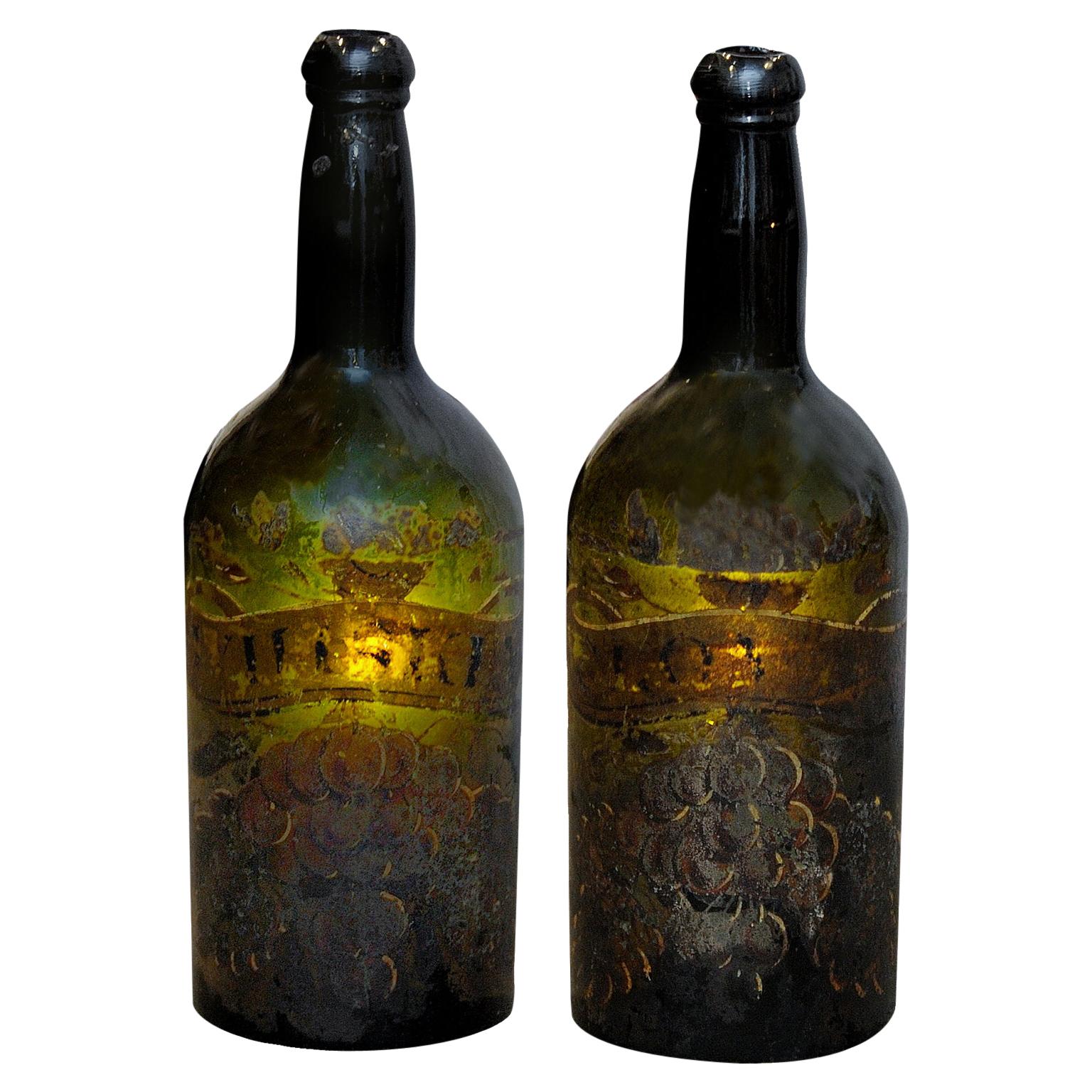 Pair of English George III Decorated Wine Bottles, circa 1780 For Sale
