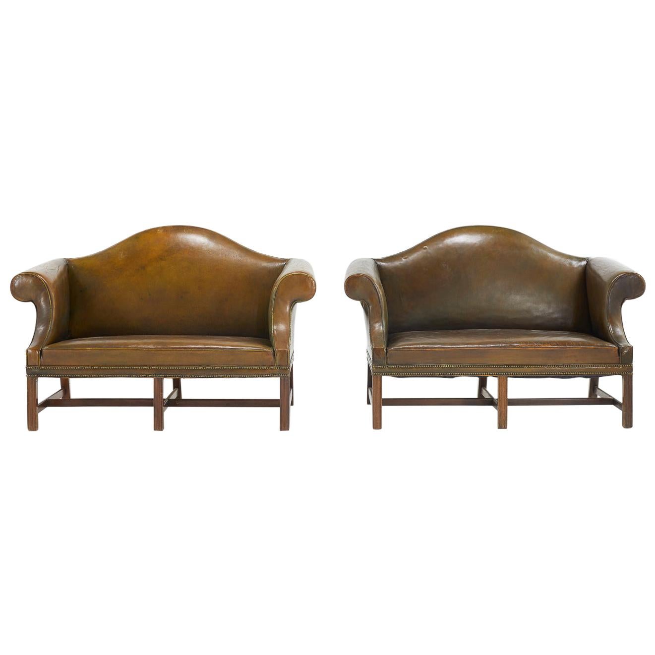 Pair of English George III Style Camelback Leather Sofas For Sale