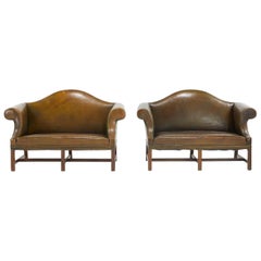 Pair of English George III Style Camelback Leather Sofas
