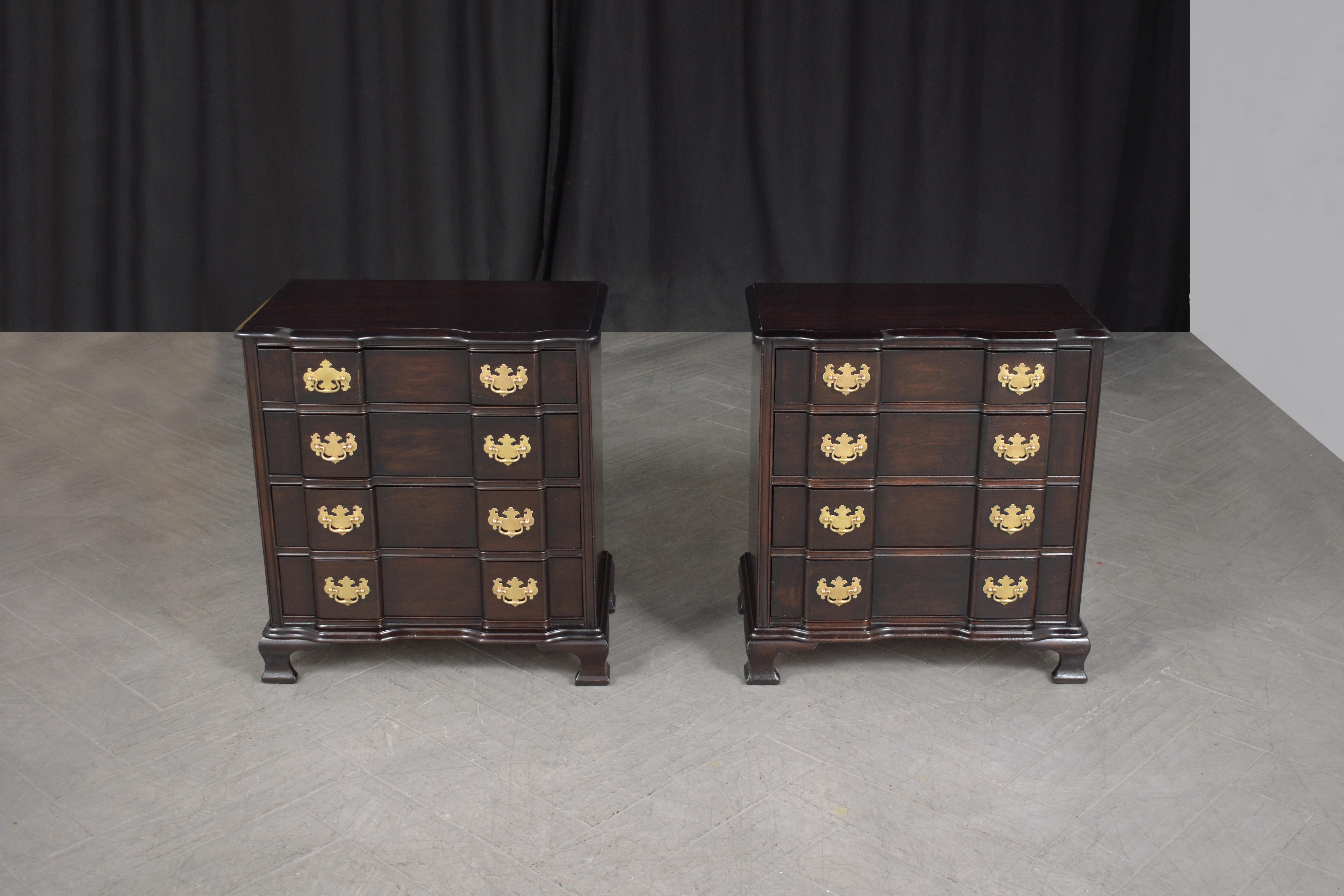 Step back in time with our exquisite pair of George III chest of drawers, originating from the 1950s. These masterpieces, crafted from the finest mahogany wood, are a testament to the unmatched skills of our in-house craftsmen. Each dresser,