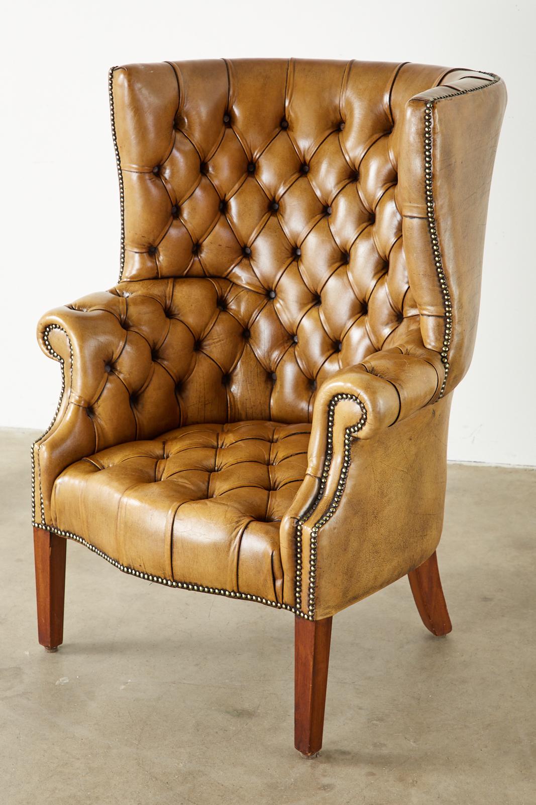 Pair of English Georgian Cigar Leather Porters Wingback Chairs In Good Condition In Rio Vista, CA