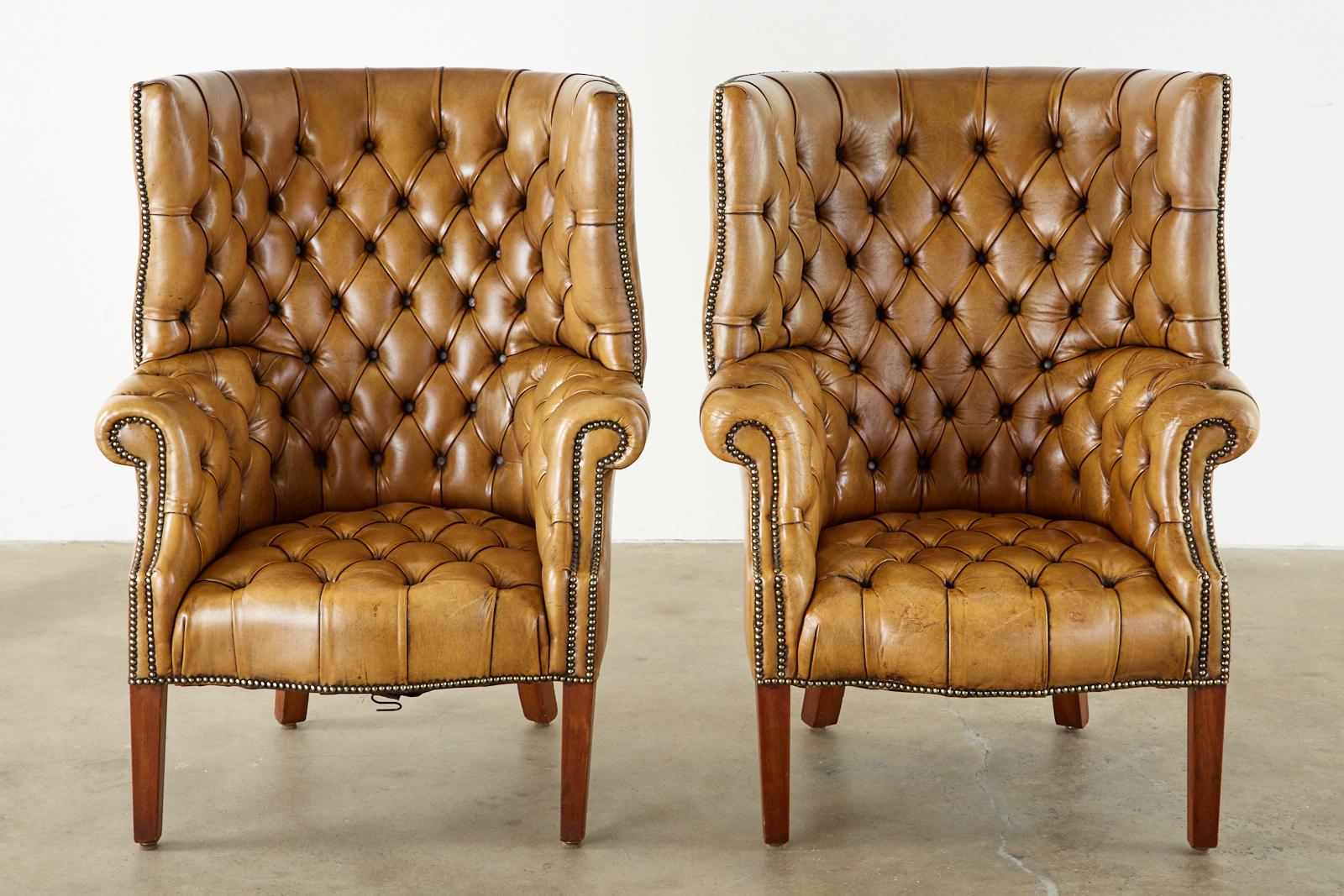 20th Century Pair of English Georgian Cigar Leather Porters Wingback Chairs