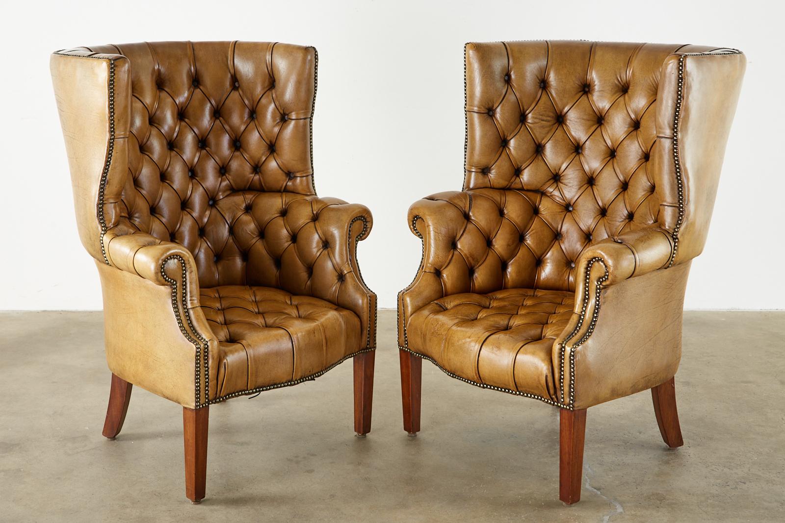 Brass Pair of English Georgian Cigar Leather Porters Wingback Chairs