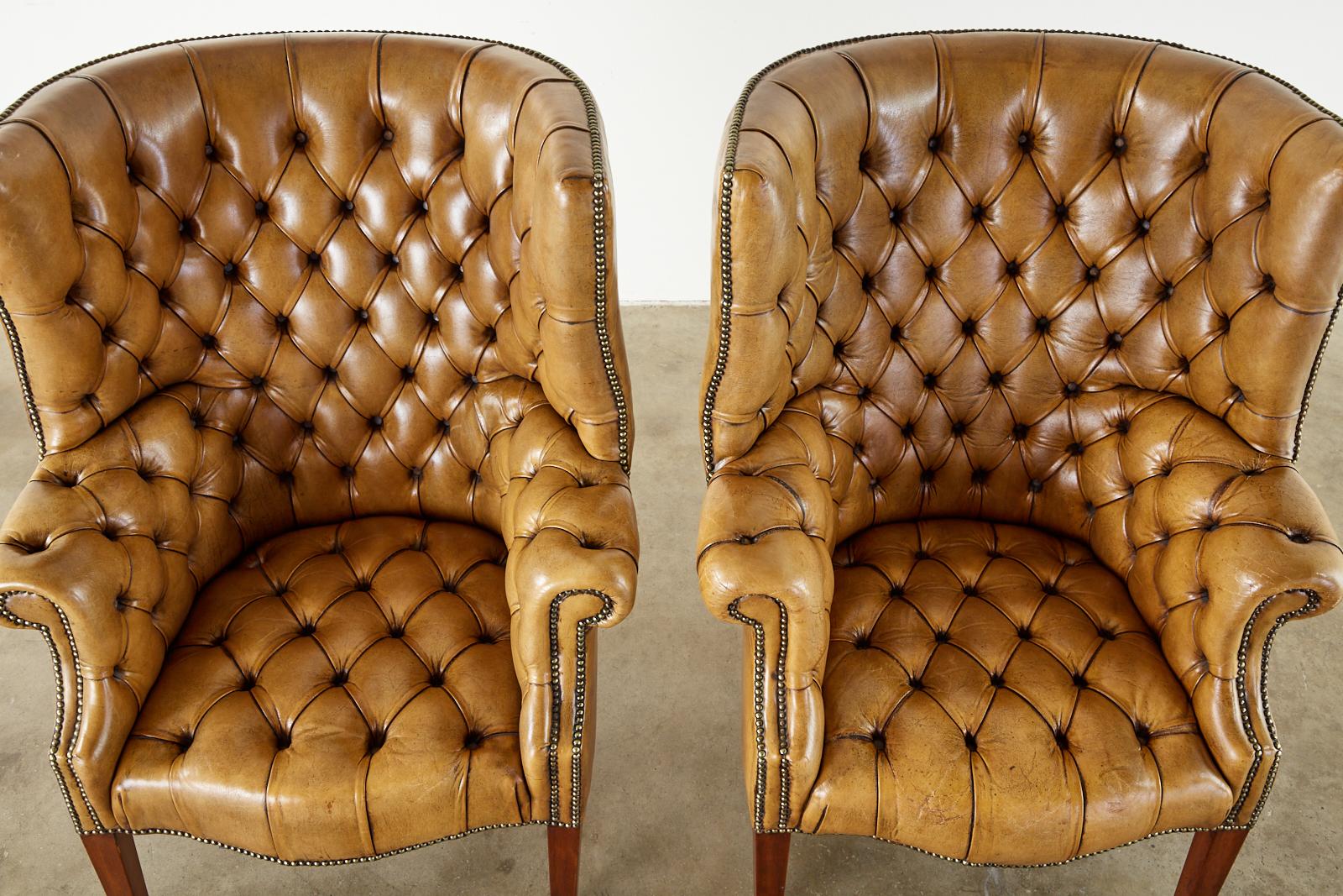 Pair of English Georgian Cigar Leather Porters Wingback Chairs 1