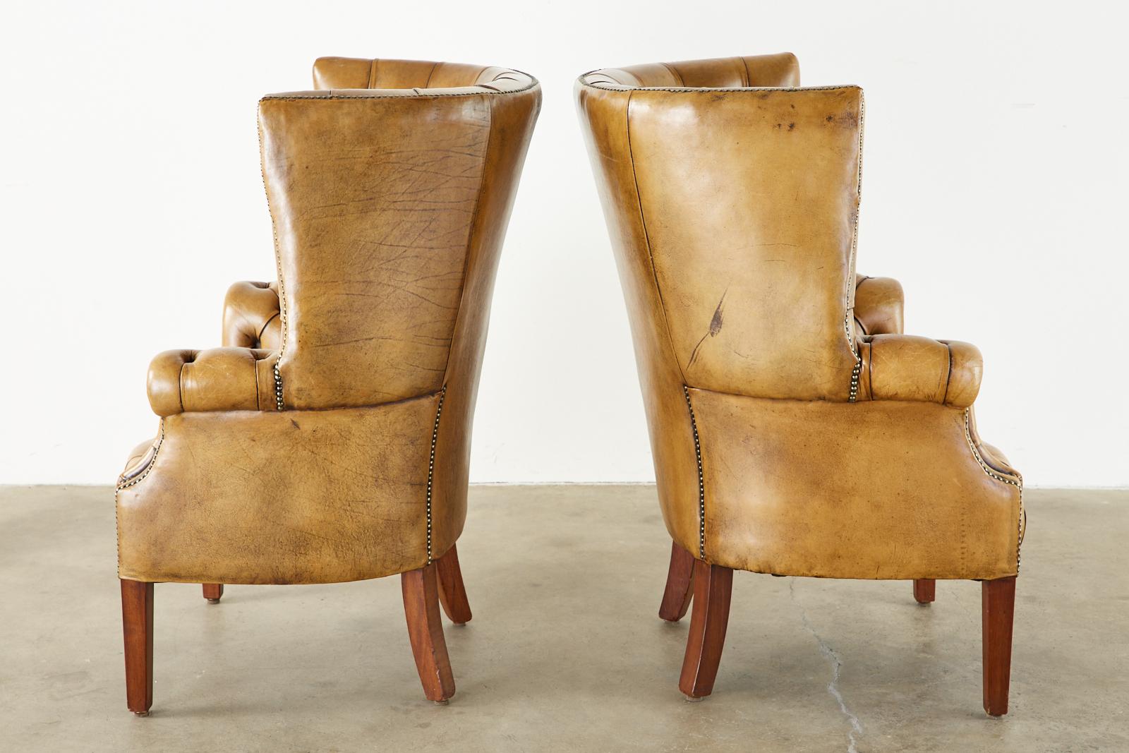 Pair of English Georgian Cigar Leather Porters Wingback Chairs 2