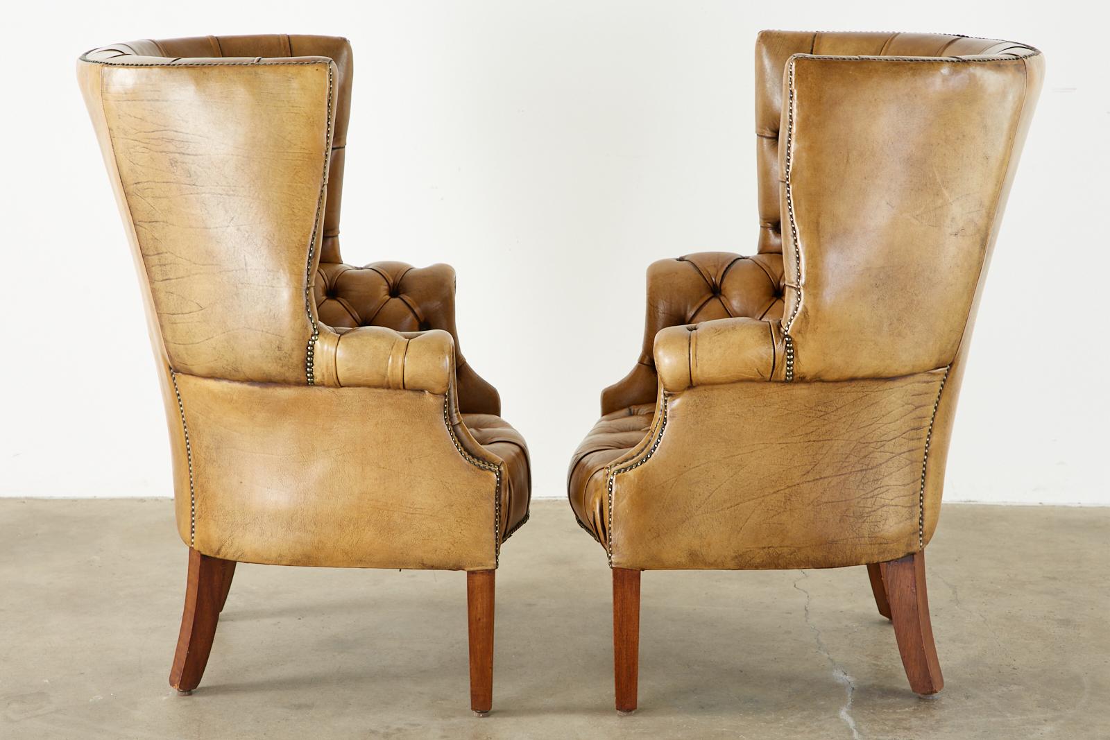 Pair of English Georgian Cigar Leather Porters Wingback Chairs 3