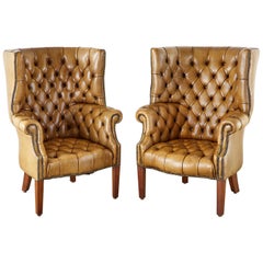Vintage Pair of English Georgian Cigar Leather Porters Wingback Chairs