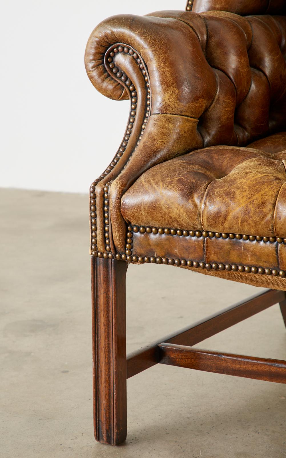 Hand-Crafted Pair of English Georgian Cigar Leather Wingback Library Chairs