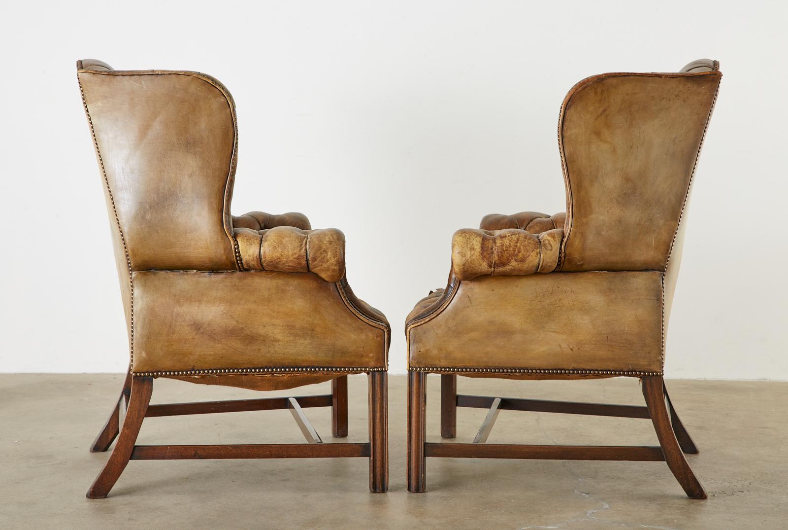 20th Century Pair of English Georgian Cigar Leather Wingback Library Chairs