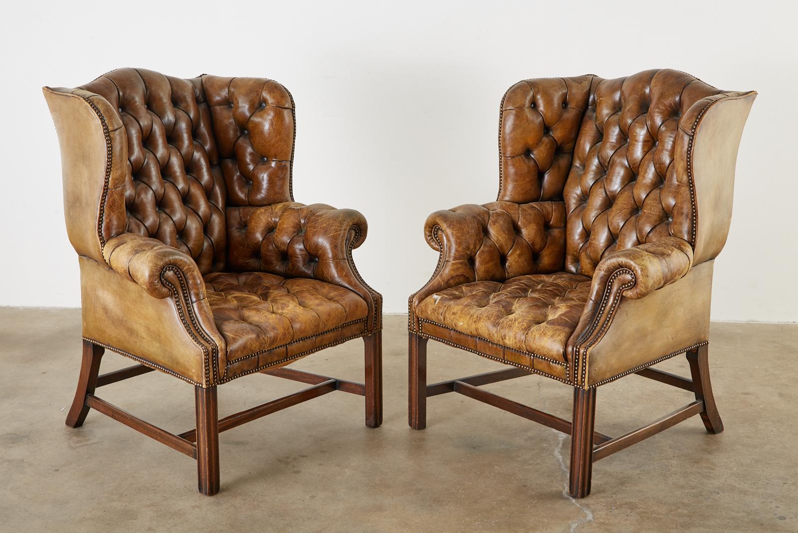 Pair of English Georgian Cigar Leather Wingback Library Chairs 5
