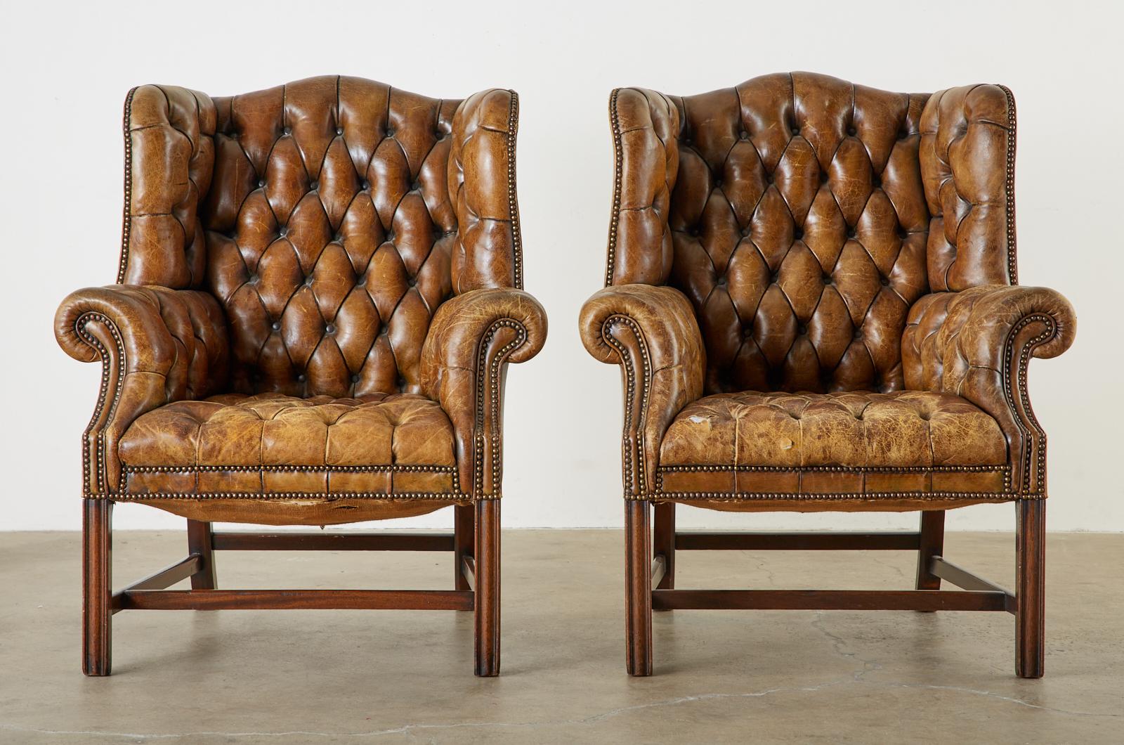 Pair of English Georgian Cigar Leather Wingback Library Chairs 8