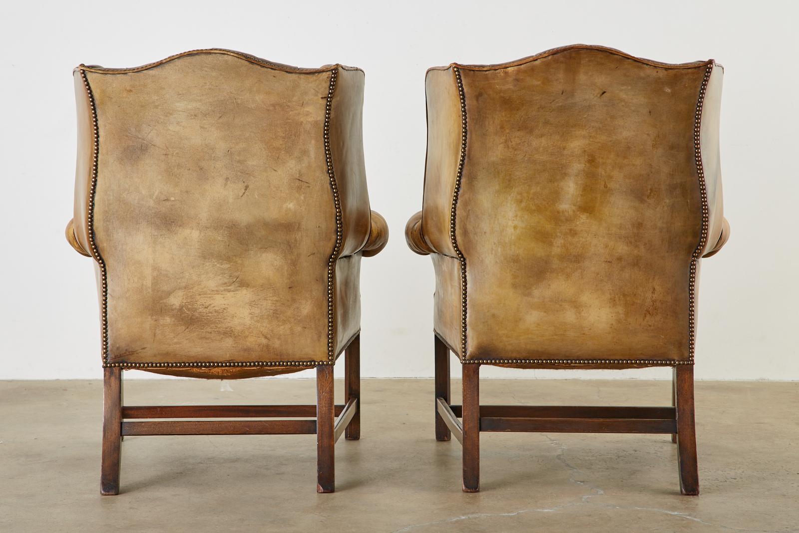 Pair of English Georgian Cigar Leather Wingback Library Chairs 9