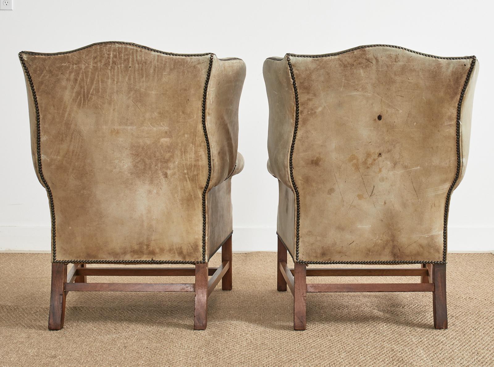 Pair of English Georgian Cigar Leather Wingback Library Chairs For Sale 12