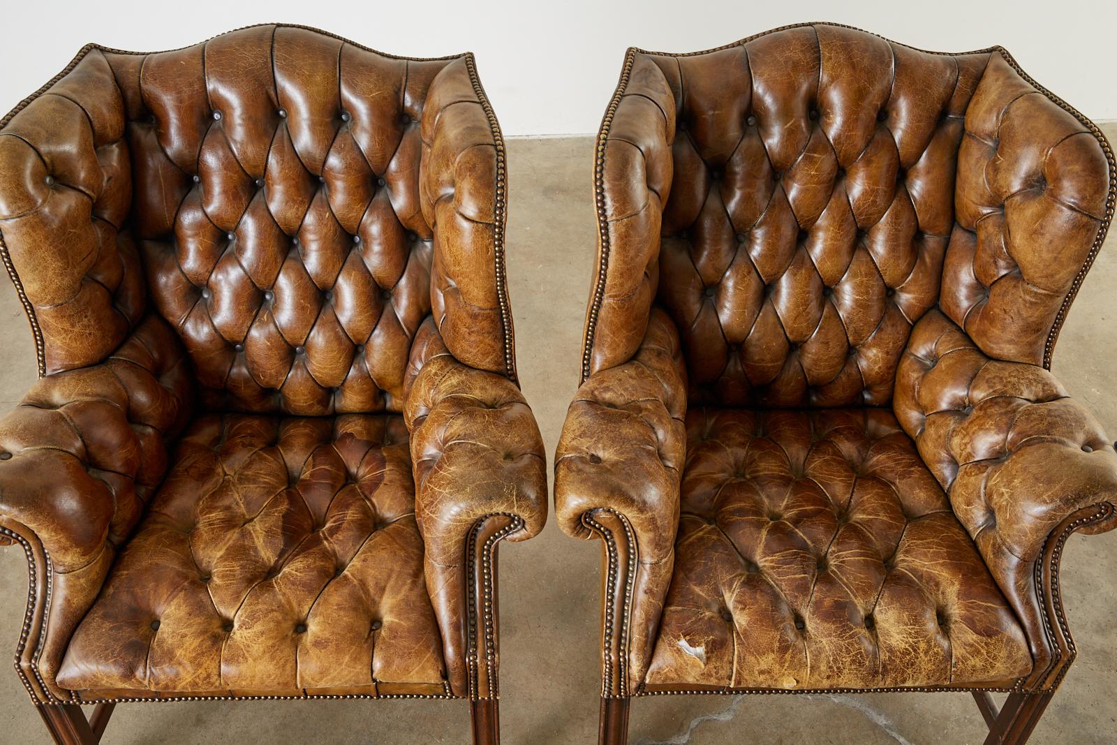 Pair of English Georgian Cigar Leather Wingback Library Chairs 1