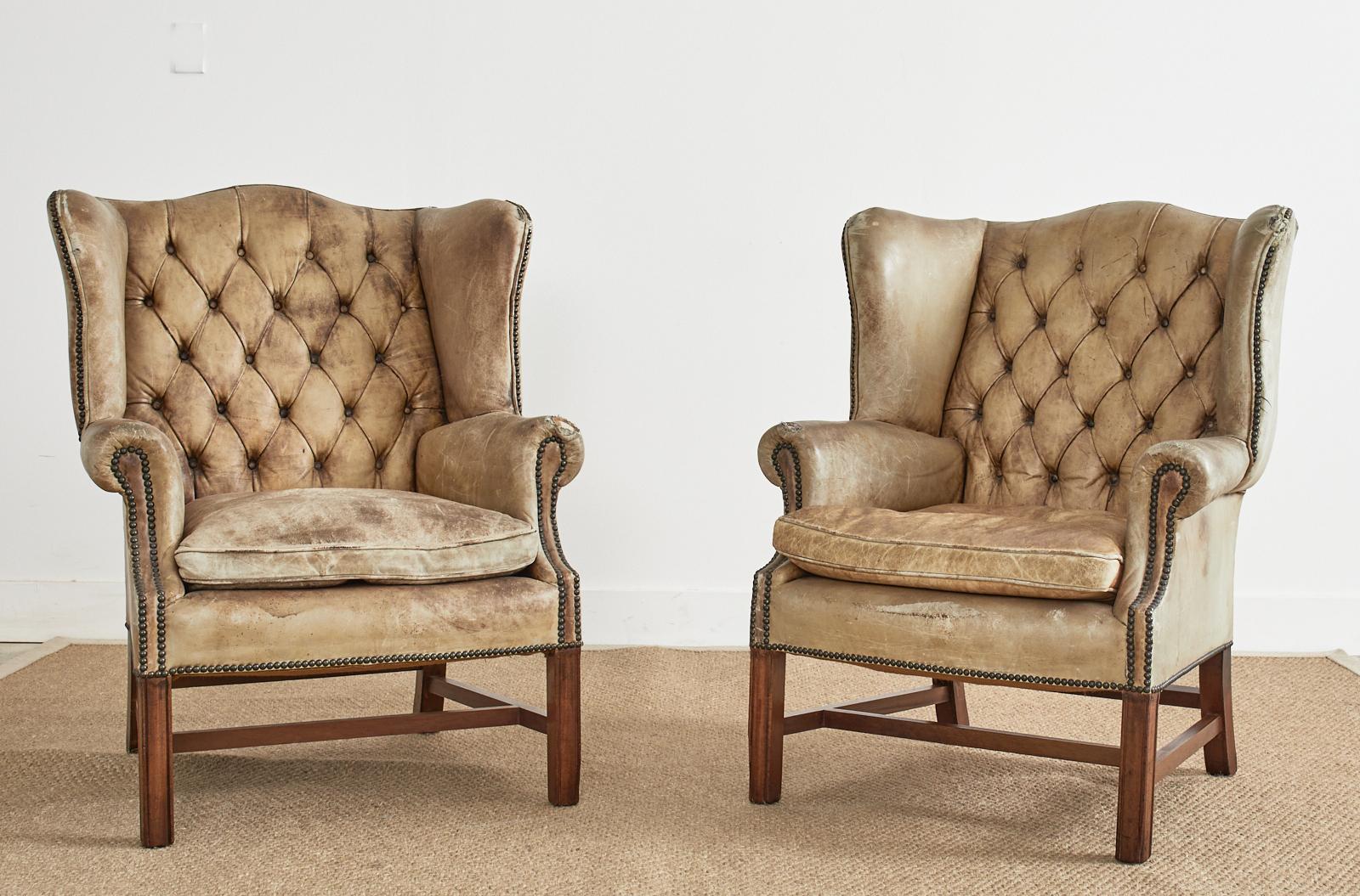 Pair of English Georgian Cigar Leather Wingback Library Chairs In Distressed Condition For Sale In Rio Vista, CA