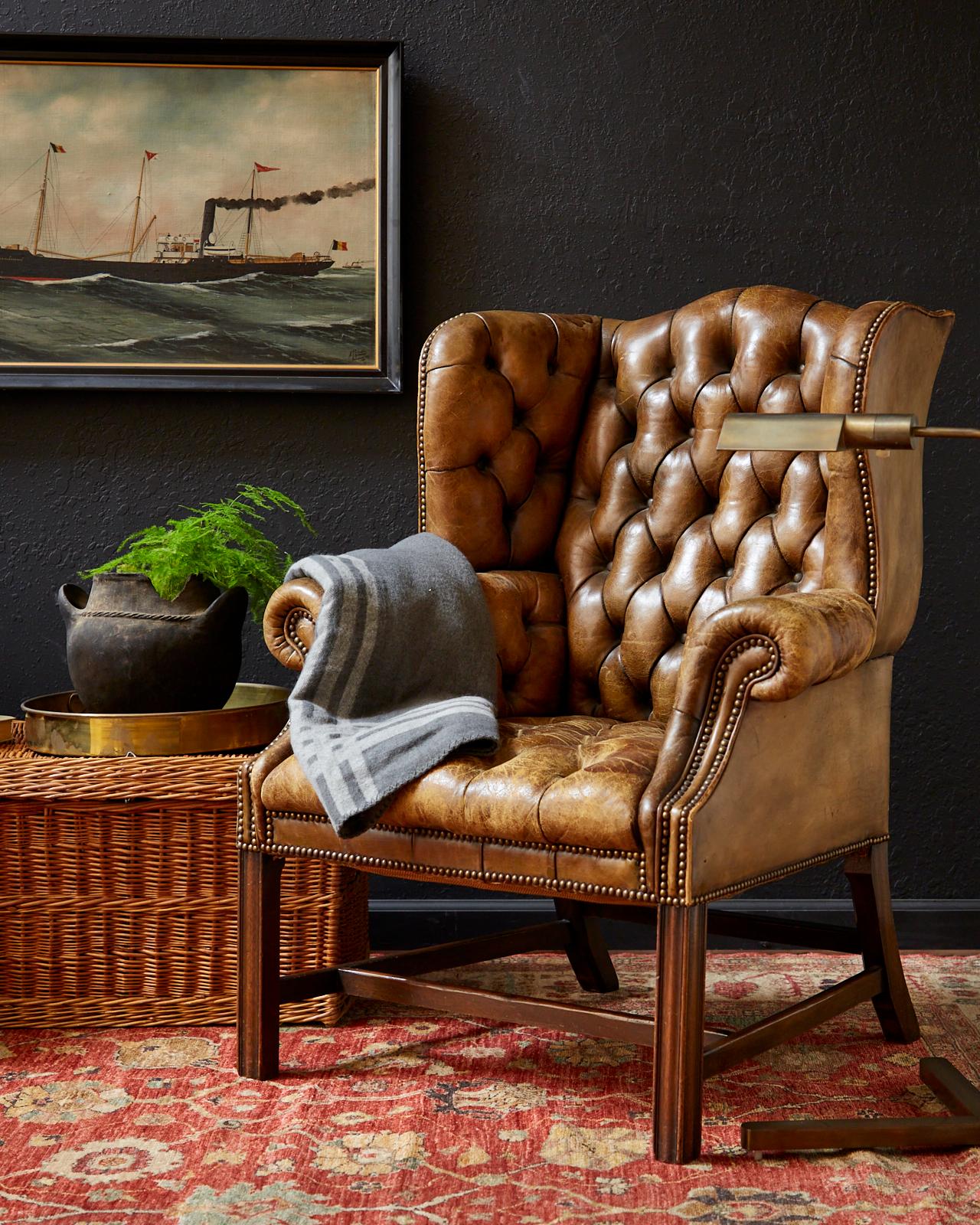 Brass Pair of English Georgian Cigar Leather Wingback Library Chairs