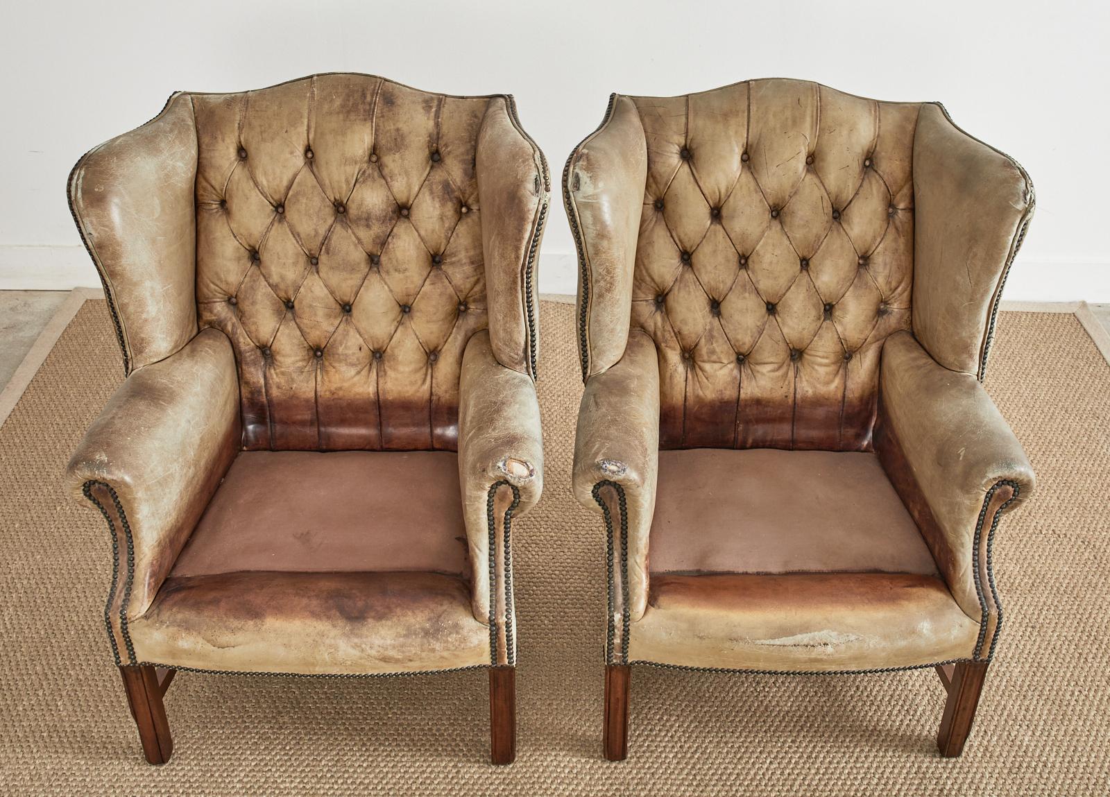 Pair of English Georgian Cigar Leather Wingback Library Chairs For Sale 1