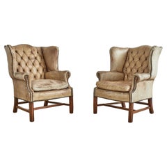 Used Pair of English Georgian Cigar Leather Wingback Library Chairs