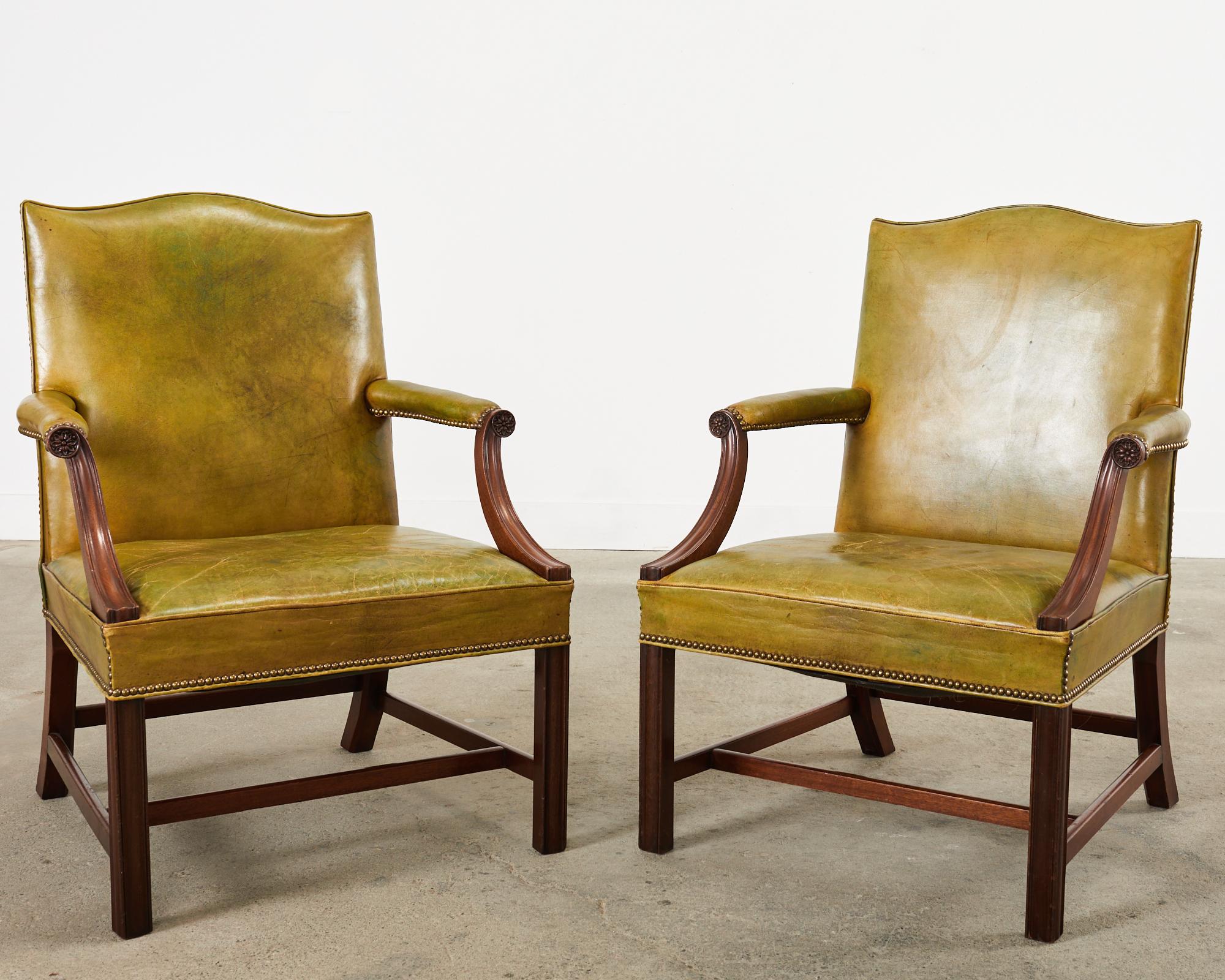Brass Pair of English Georgian Gainsborough Leather Library Armchairs For Sale