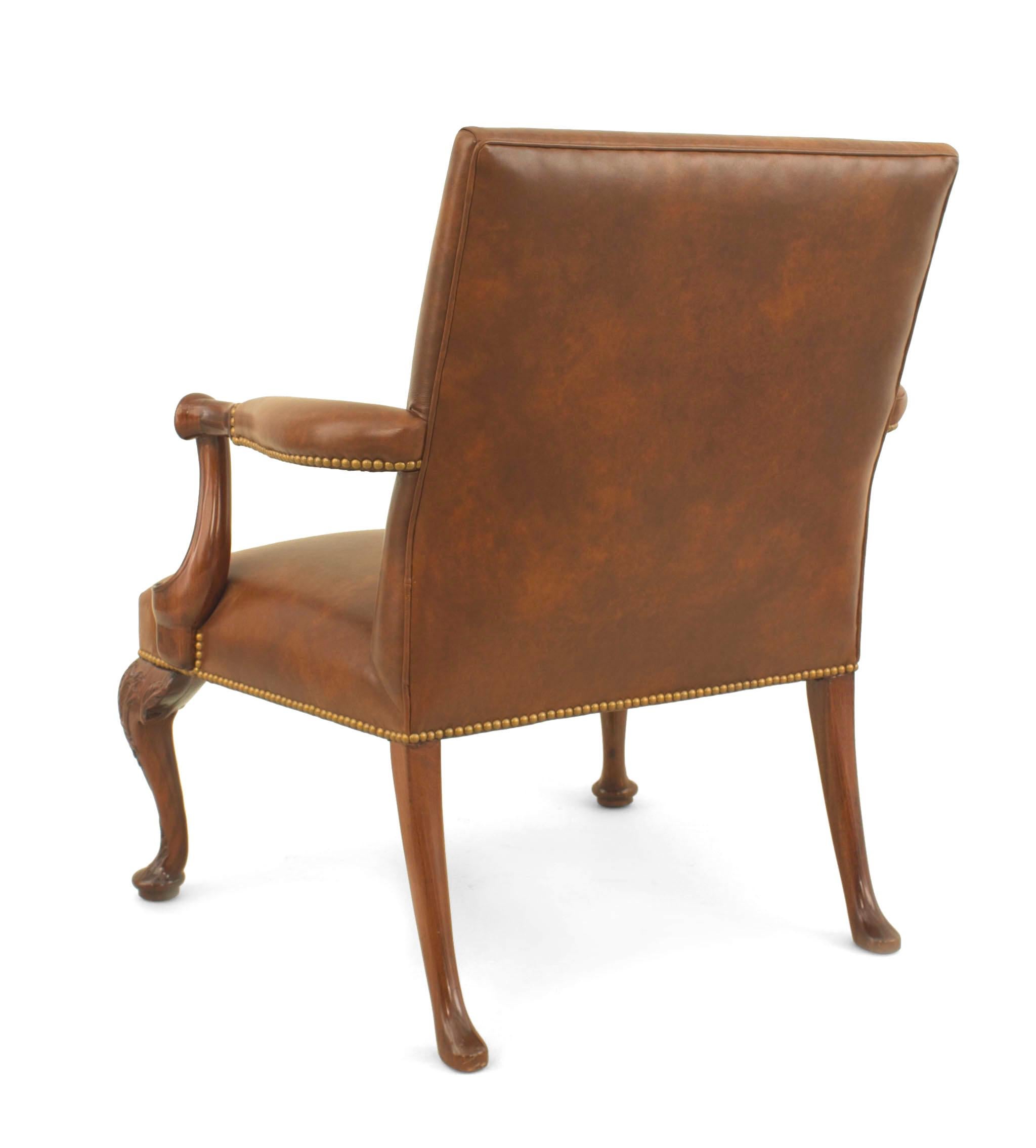 British Pair of Queen Anne Brown Leather Armchairs