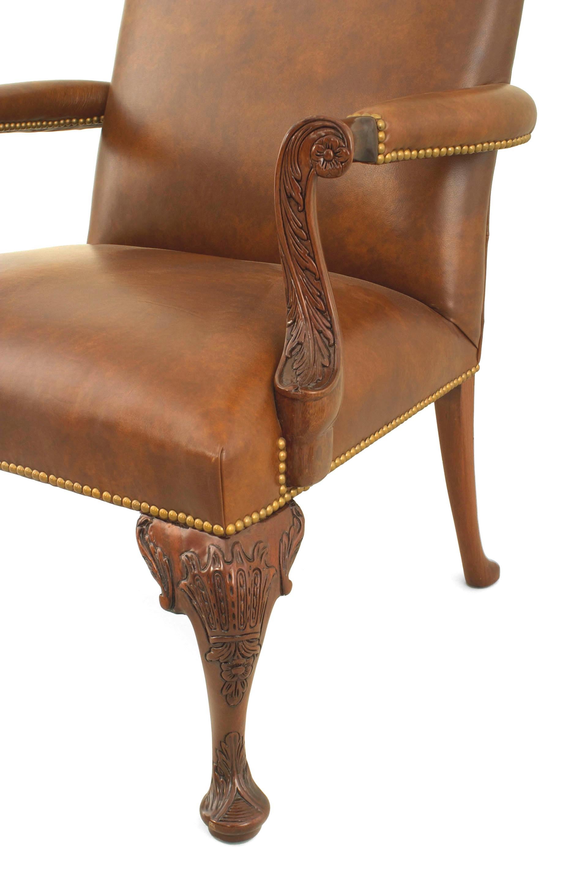 Pair of Queen Anne Brown Leather Armchairs In Good Condition In New York, NY