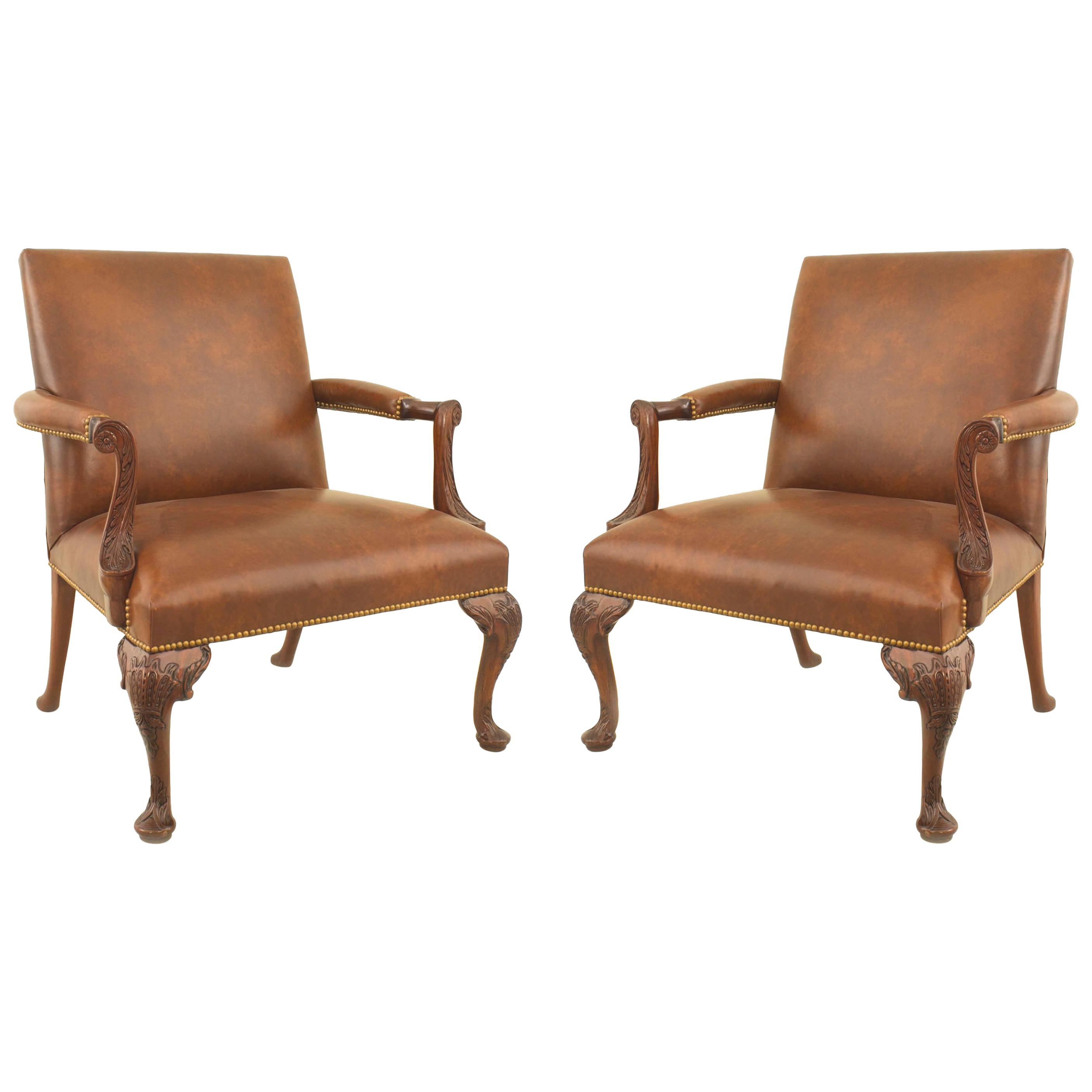 Pair of Queen Anne Brown Leather Armchairs