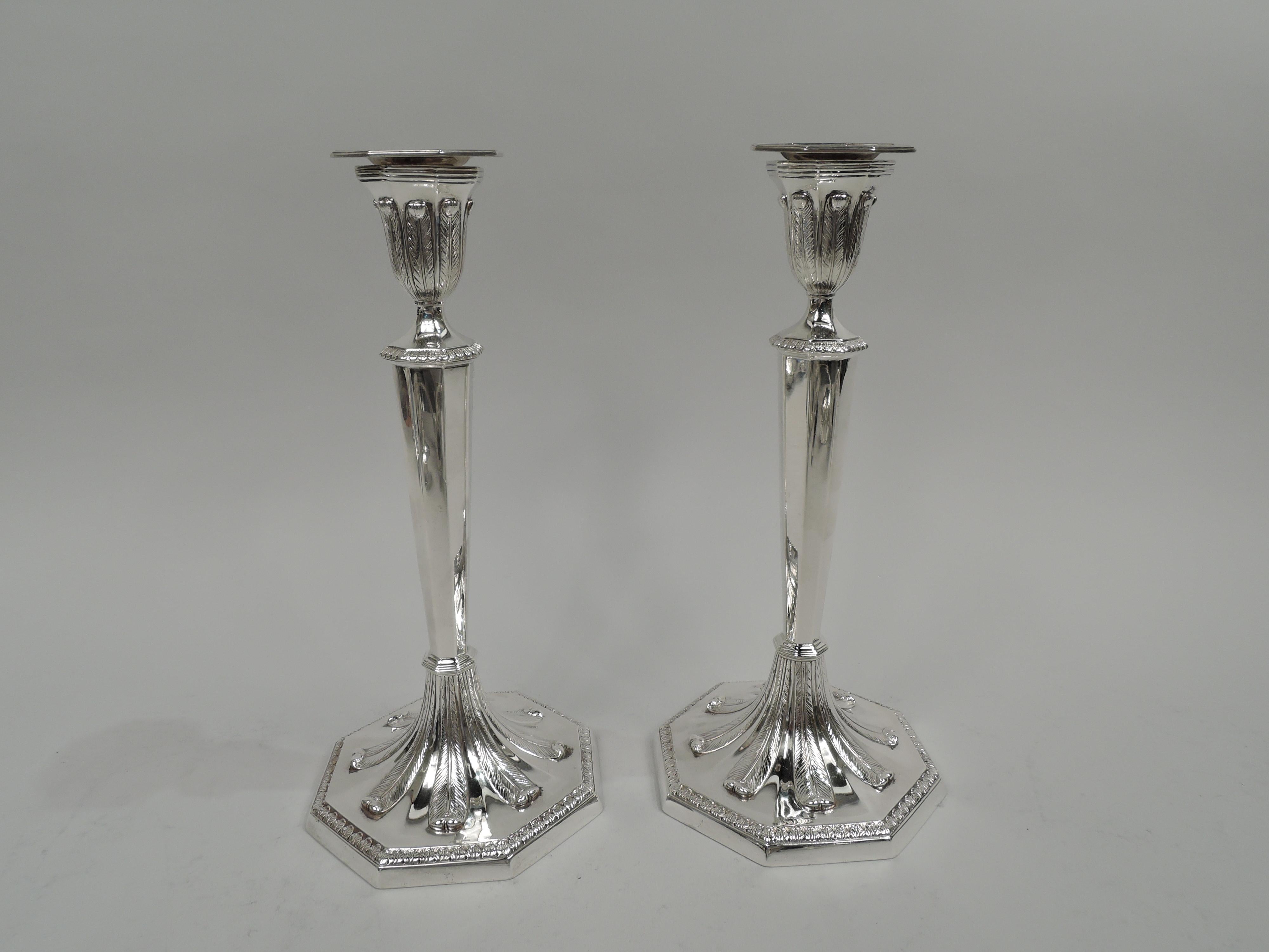 American Pair of Antique Tiffany English Neoclassical Sterling Silver 3-Light Candelabra For Sale