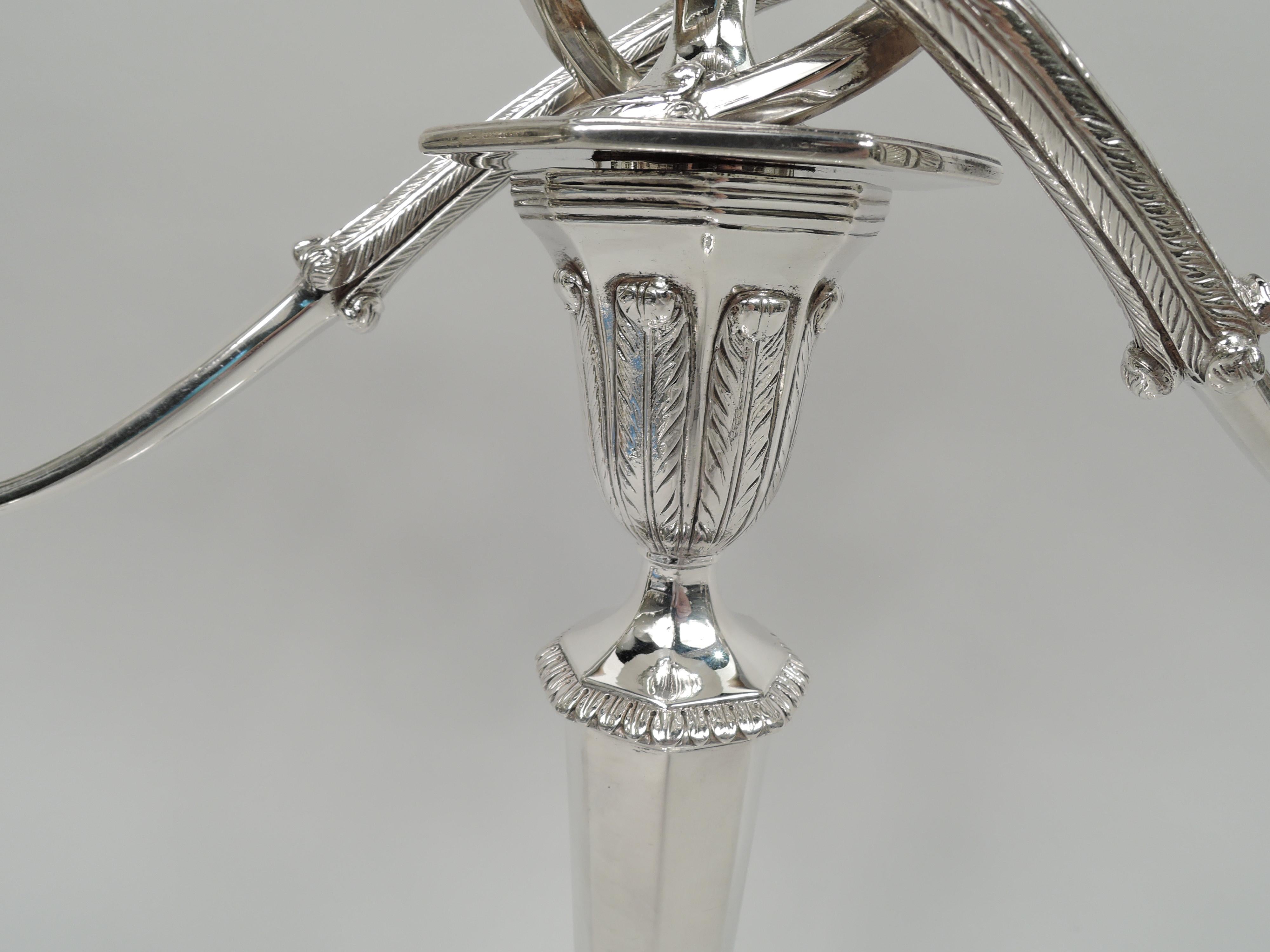 Pair of Antique Tiffany English Neoclassical Sterling Silver 3-Light Candelabra For Sale 1