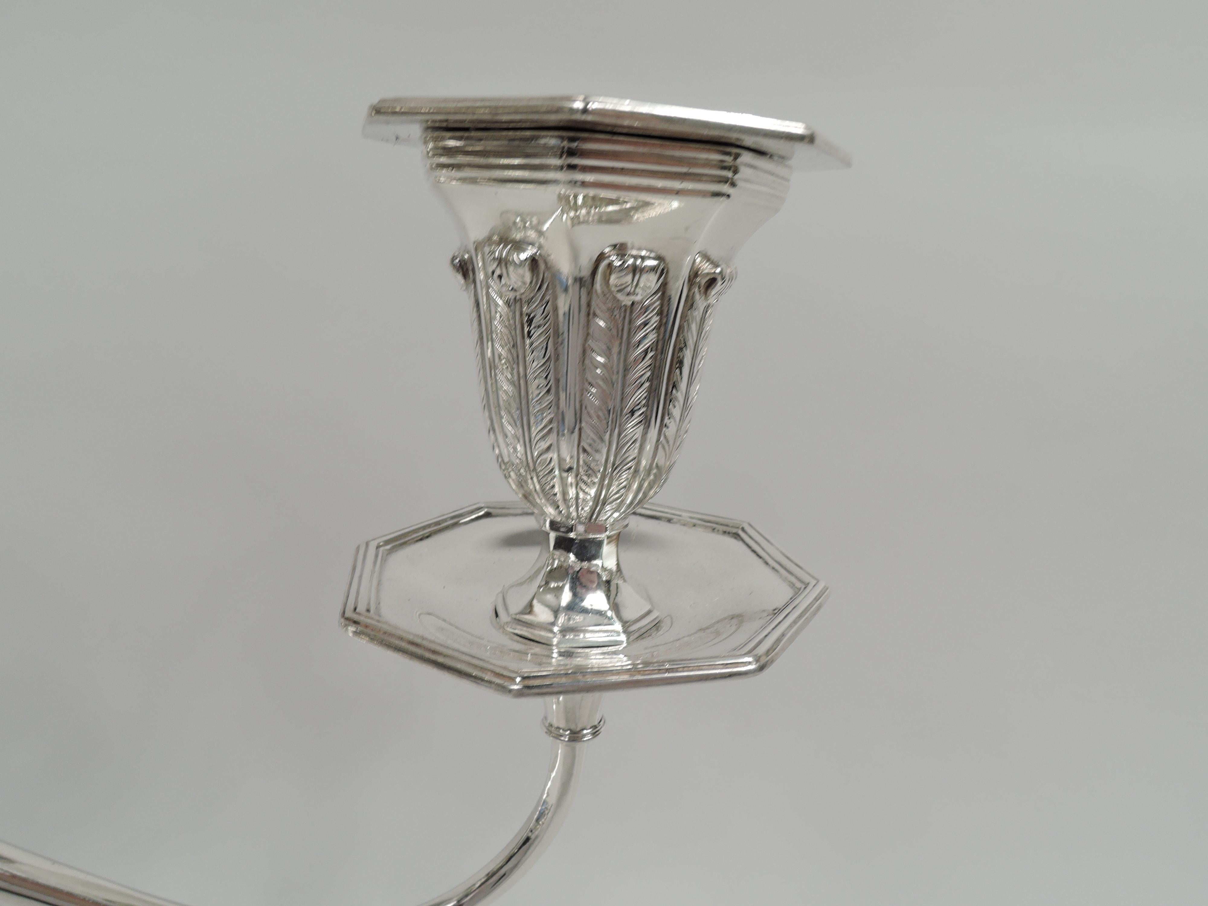 Pair of Antique Tiffany English Neoclassical Sterling Silver 3-Light Candelabra For Sale 2