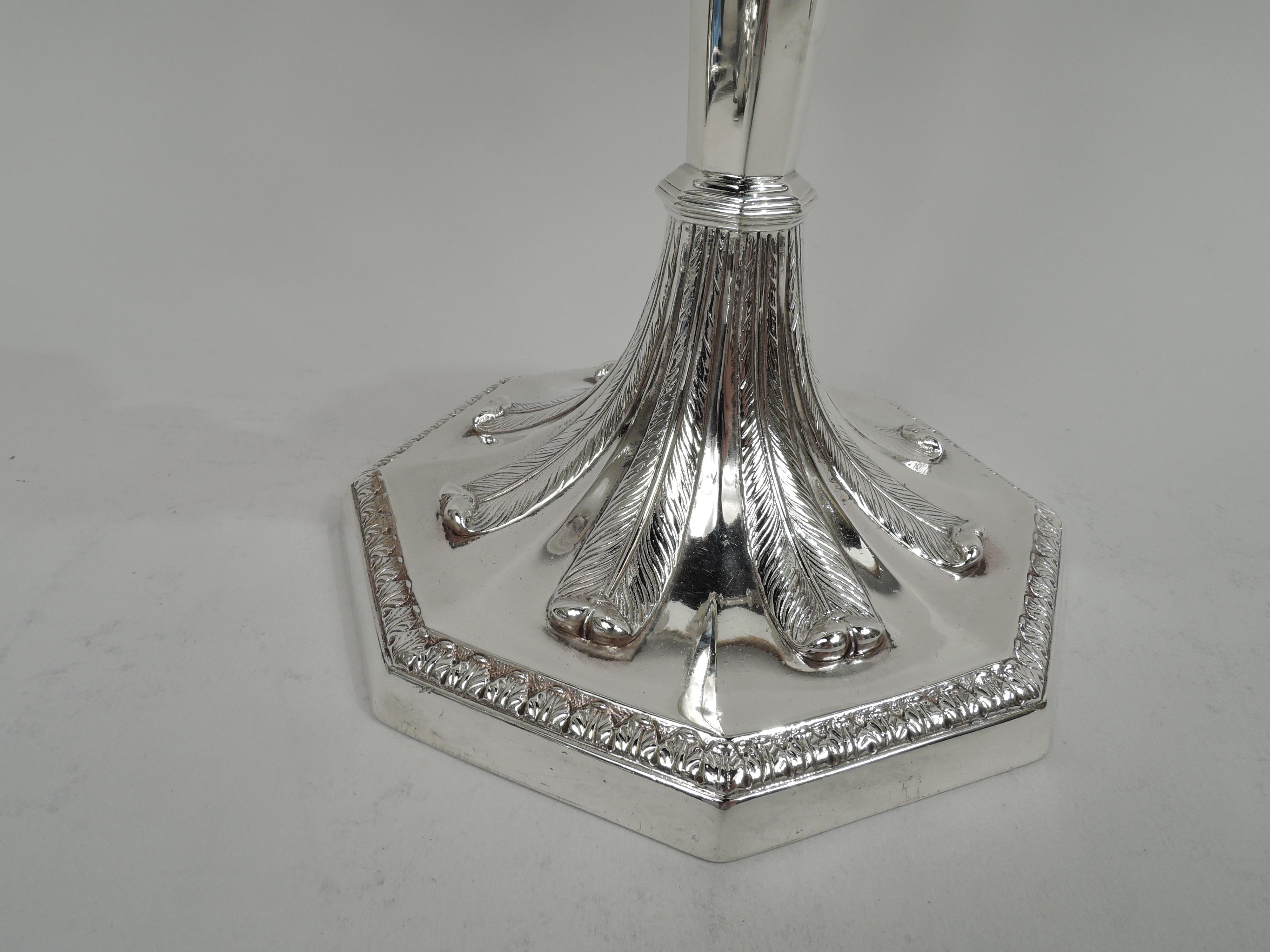 Pair of Antique Tiffany English Neoclassical Sterling Silver 3-Light Candelabra For Sale 3