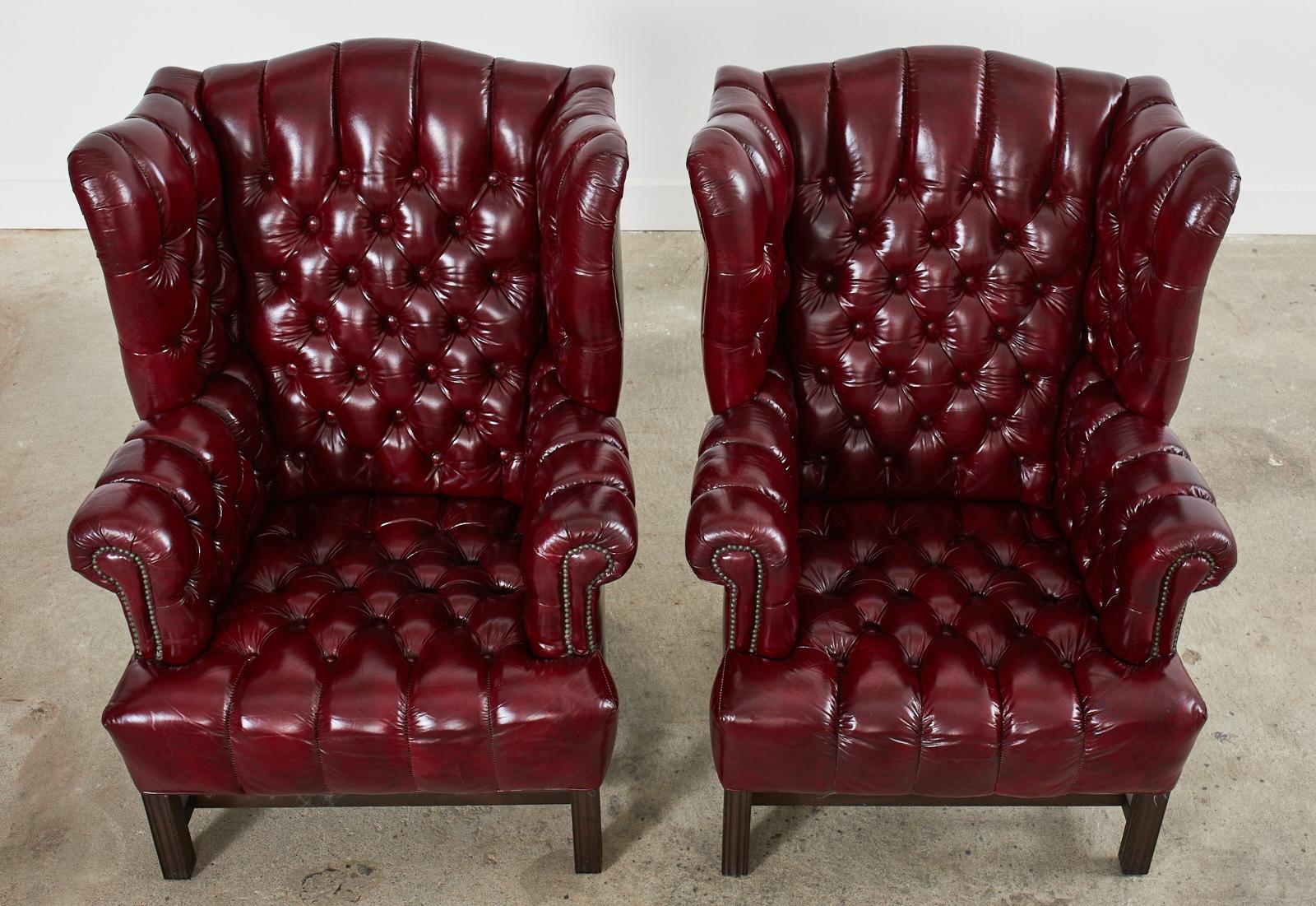 Pair of English Georgian Style Bonded Leather Tufted Wingback Chairs  In Good Condition In Rio Vista, CA