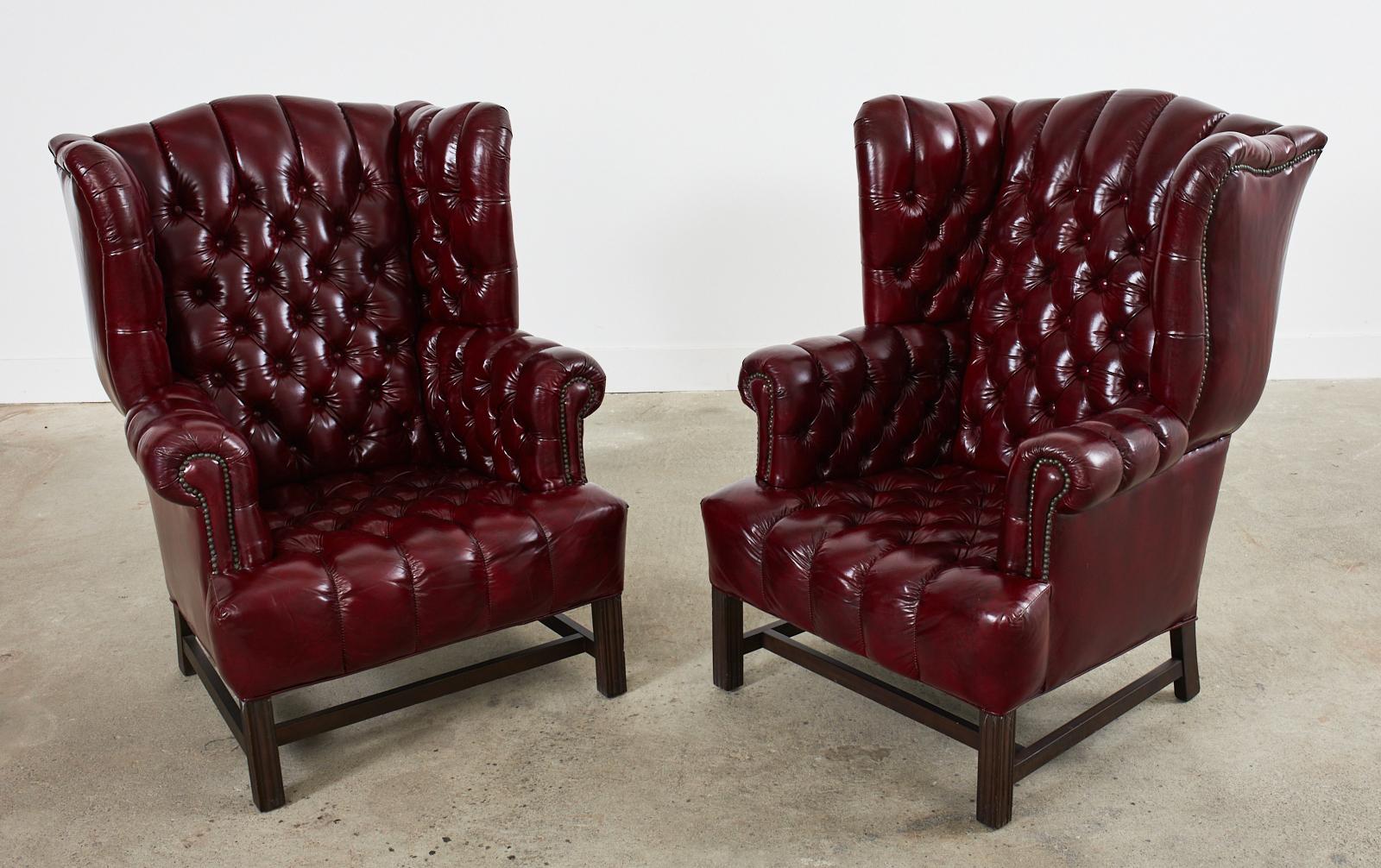 20th Century Pair of English Georgian Style Bonded Leather Tufted Wingback Chairs 