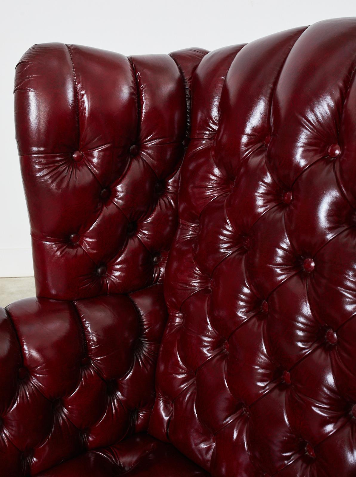 Pair of English Georgian Style Bonded Leather Tufted Wingback Chairs  1