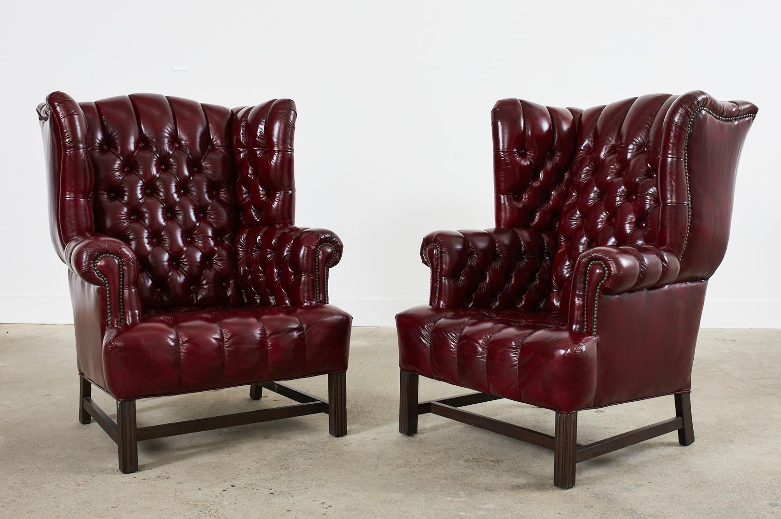Pair of English Georgian Style Bonded Leather Tufted Wingback Chairs  2