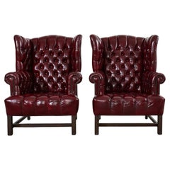 Pair of English Georgian Style Bonded Leather Tufted Wingback Chairs 