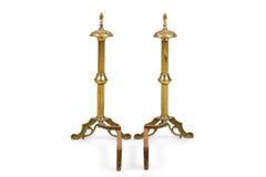 PAIR of English Georgian style brass fluted andirons with finial tops