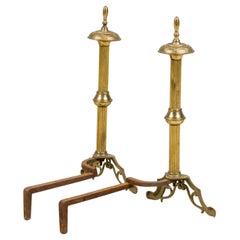 PAIR of English Georgian style brass fluted andirons with finial tops