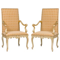 Pair of English Georgian Style Carved Armchairs With Geometric Design Fabric
