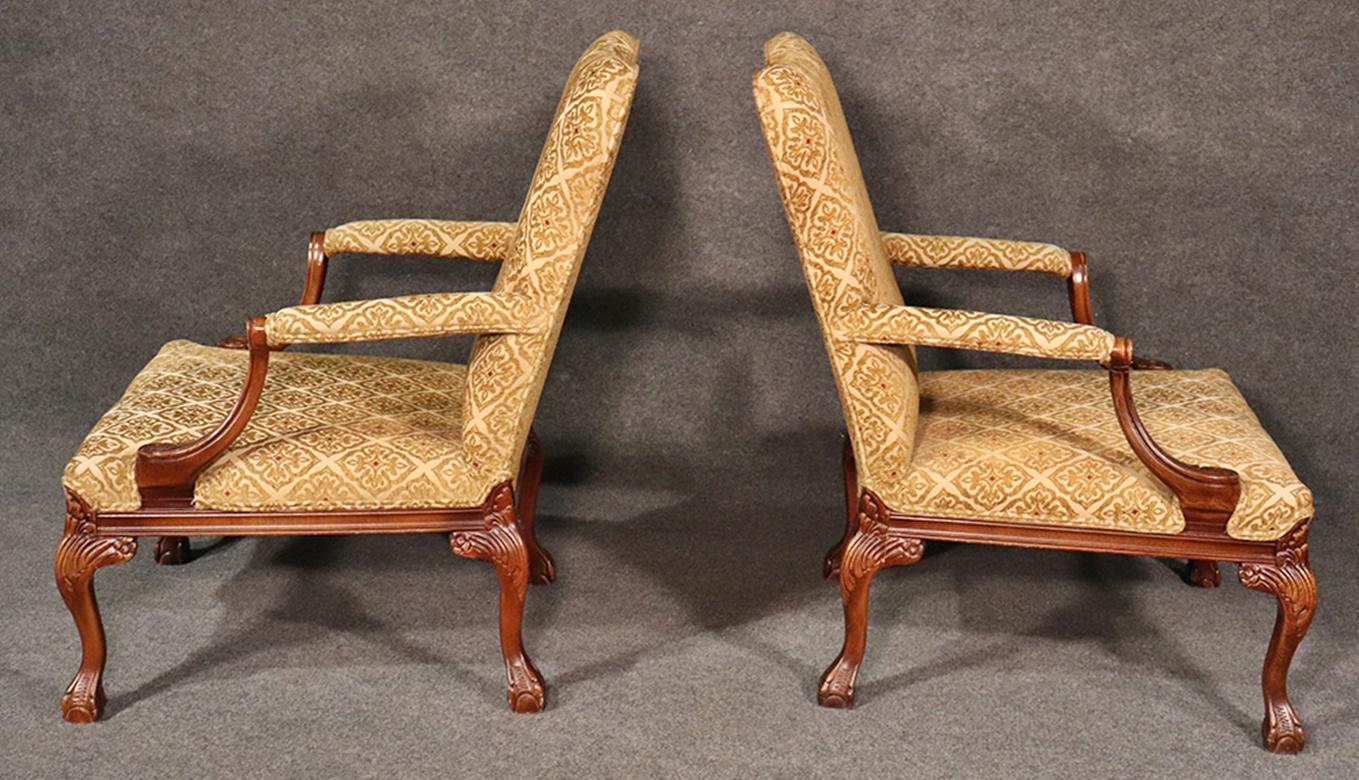 Upholstery Pair of English Georgian Style Carved Walnut Lounge Chairs