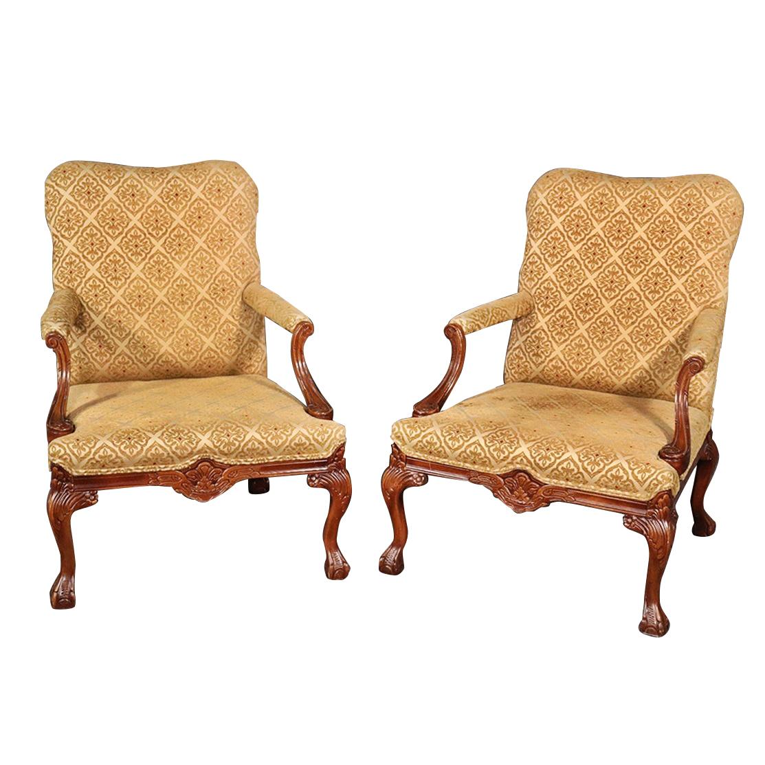 Pair of English Georgian Style Carved Walnut Lounge Chairs