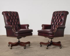 Pair of English Georgian Style Chesterfield Leather Executive Office Chairs