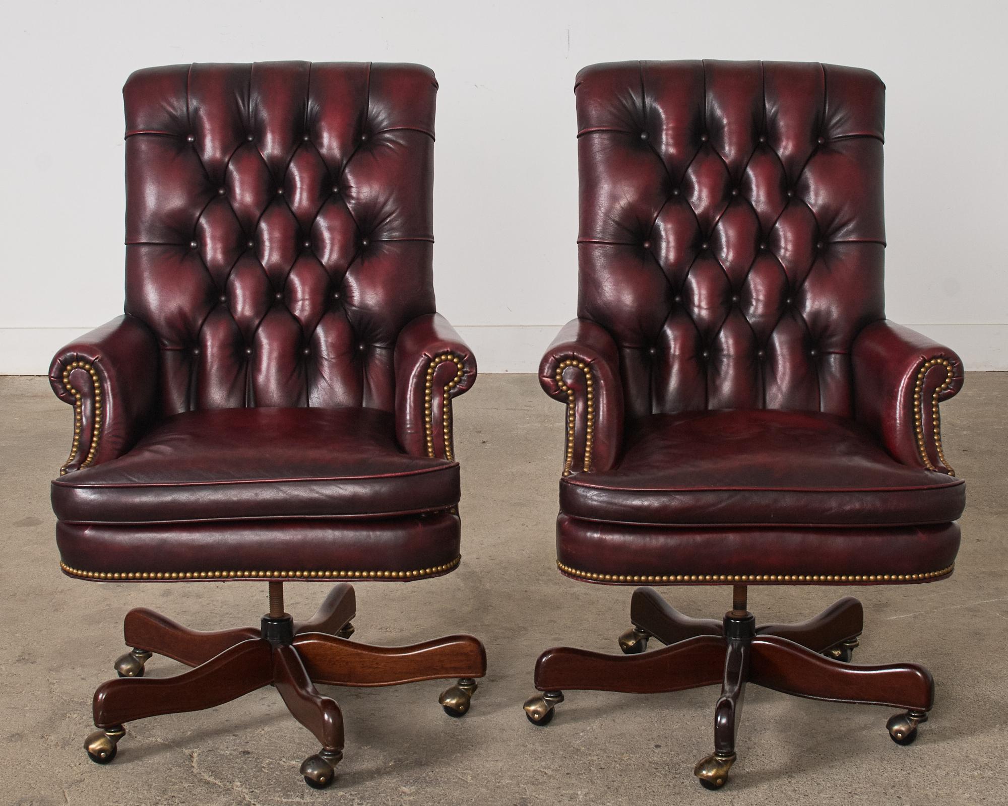 American Pair of English Georgian Style Chesterfield Leather Executive Office Chairs  For Sale
