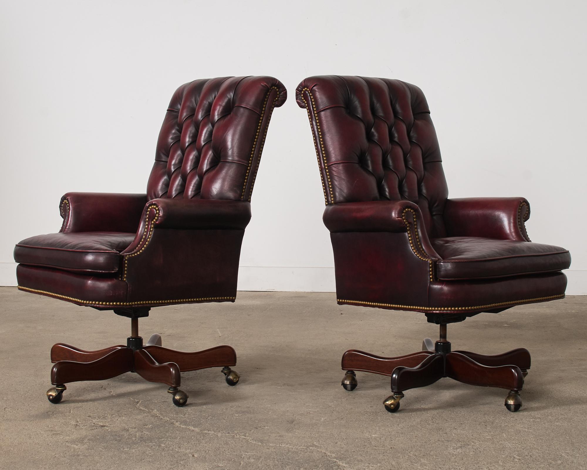 Hand-Crafted Pair of English Georgian Style Chesterfield Leather Executive Office Chairs  For Sale