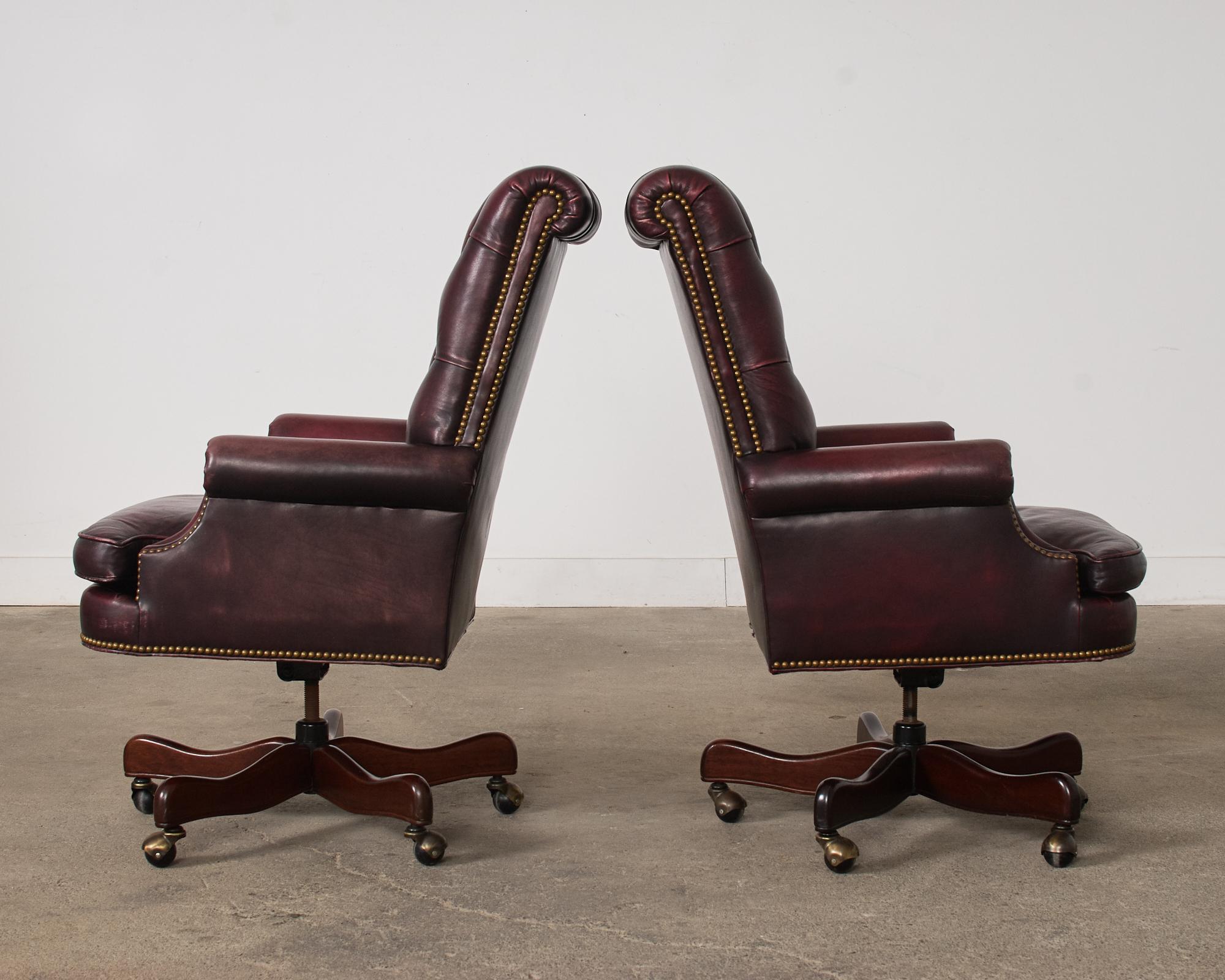 Pair of English Georgian Style Chesterfield Leather Executive Office Chairs  In Good Condition For Sale In Rio Vista, CA