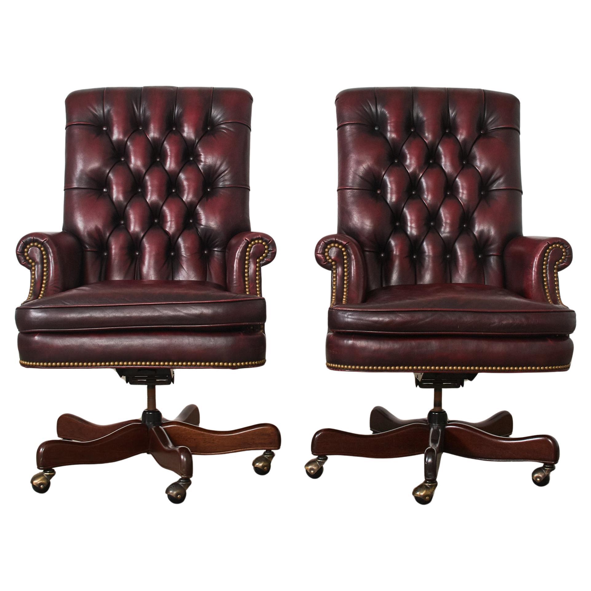 Pair of English Georgian Style Chesterfield Leather Executive Office Chairs 