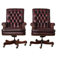 Used Pair of English Georgian Style Chesterfield Leather Executive Office Chairs 