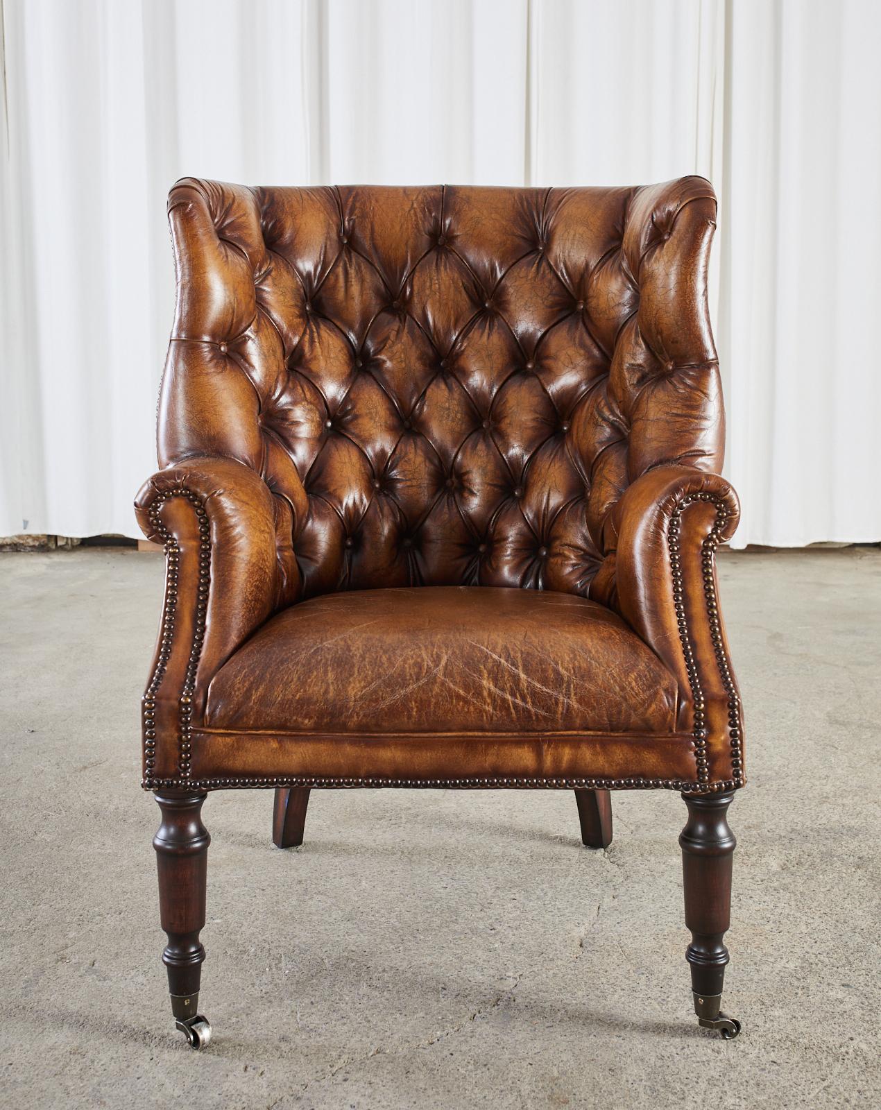 Pair of English Georgian Style Cigar Leather Wingback Chairs 1